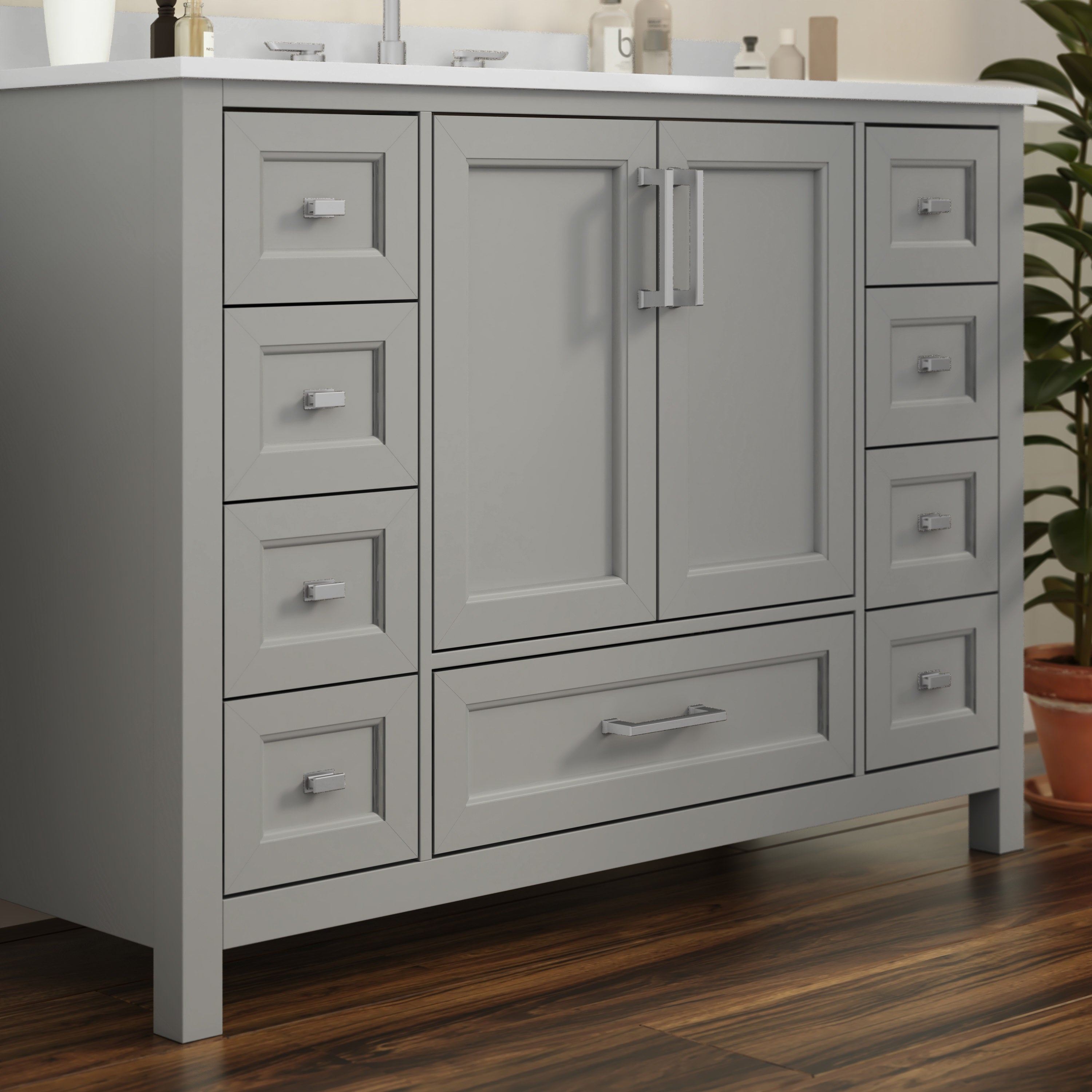 Vega 48 Inch Bathroom Vanity with Sink, Storage Cabinet with Soft Close Doors, and 9 Drawers, Carrara Marble Finish Countertop, Gray