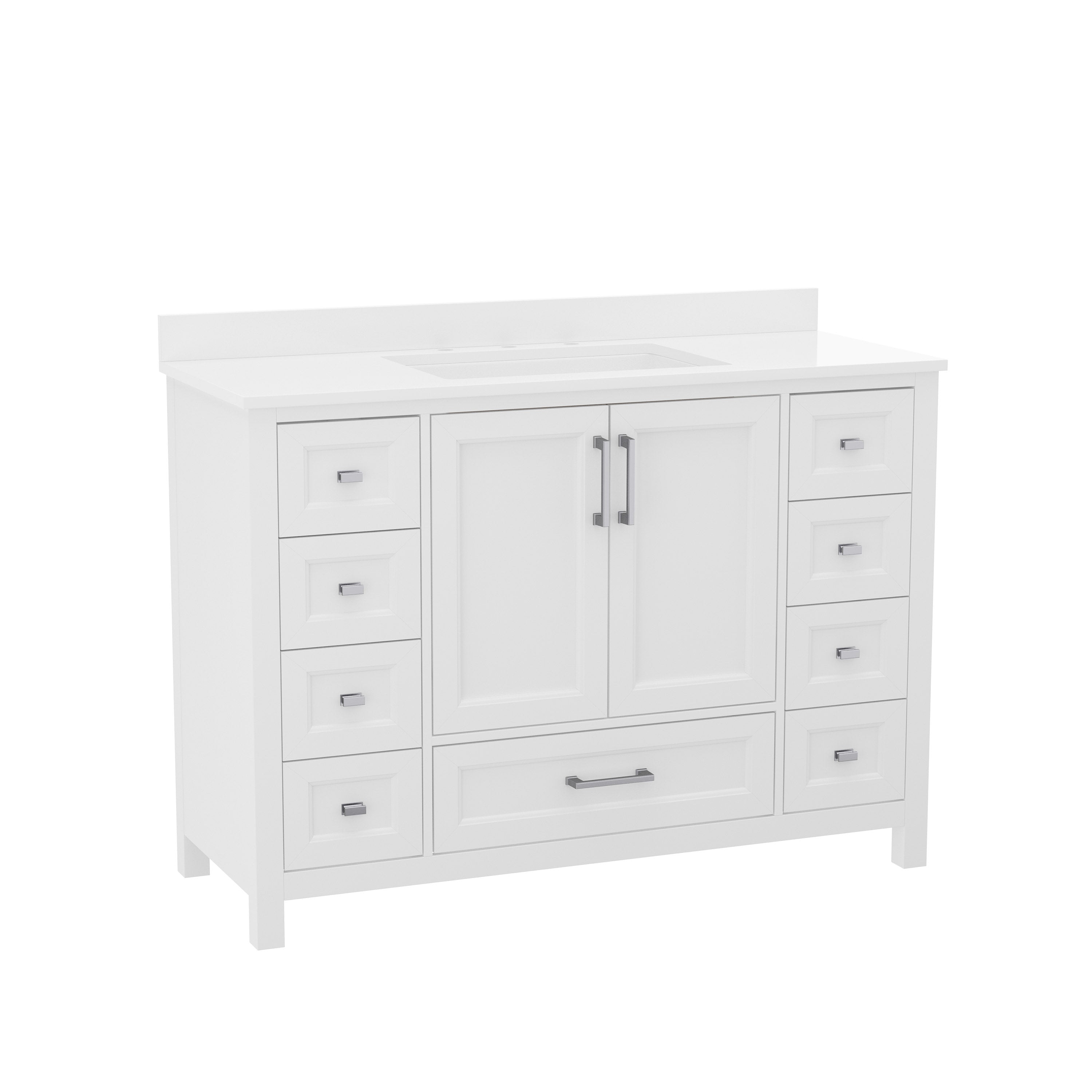 Vega 48 Inch Bathroom Vanity with Sink, Storage Cabinet with Soft Close Doors, and 9 Drawers, Carrara Marble Finish Countertop, White