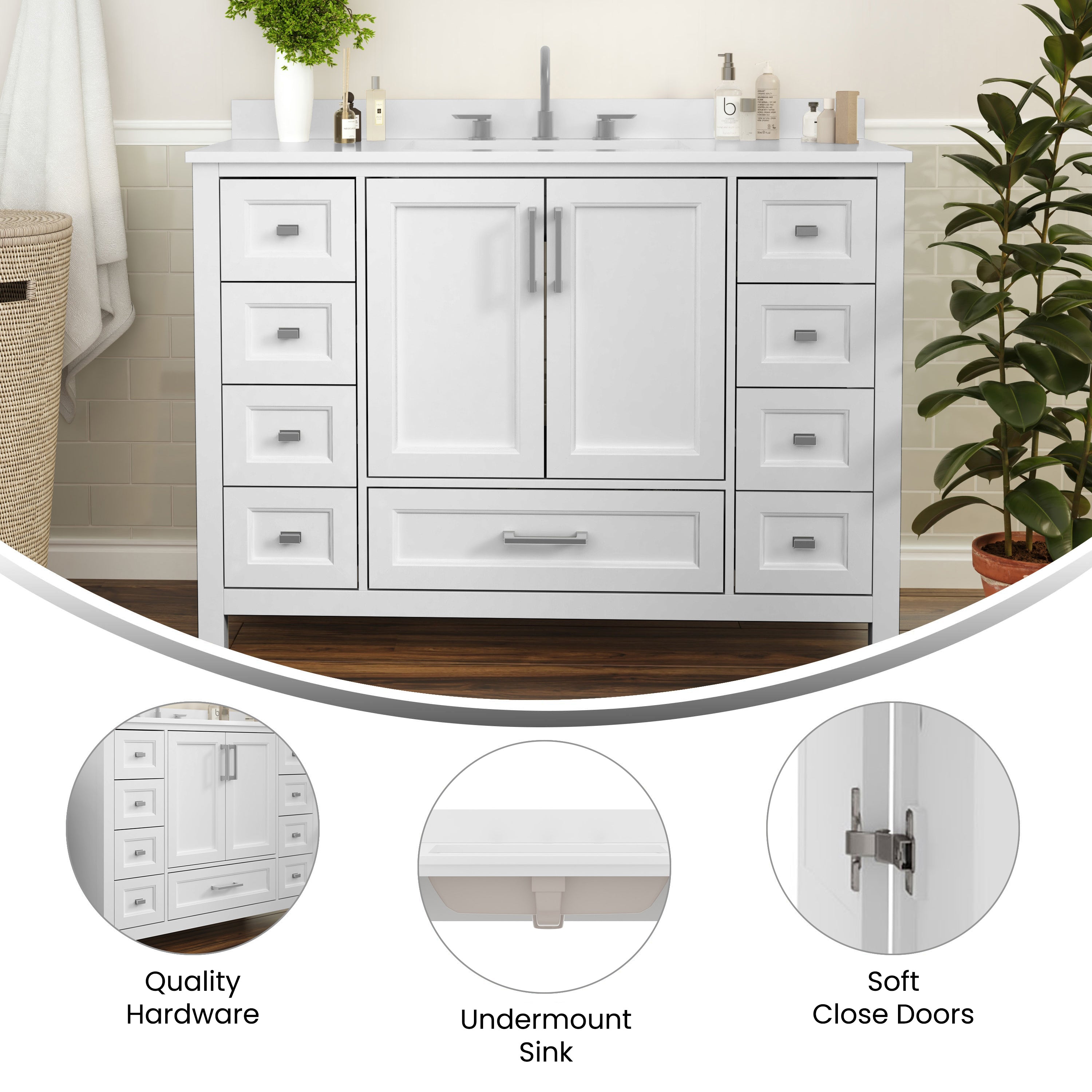 Vega 48 Inch Bathroom Vanity with Sink, Storage Cabinet with Soft Close Doors, and 9 Drawers, Carrara Marble Finish Countertop, White