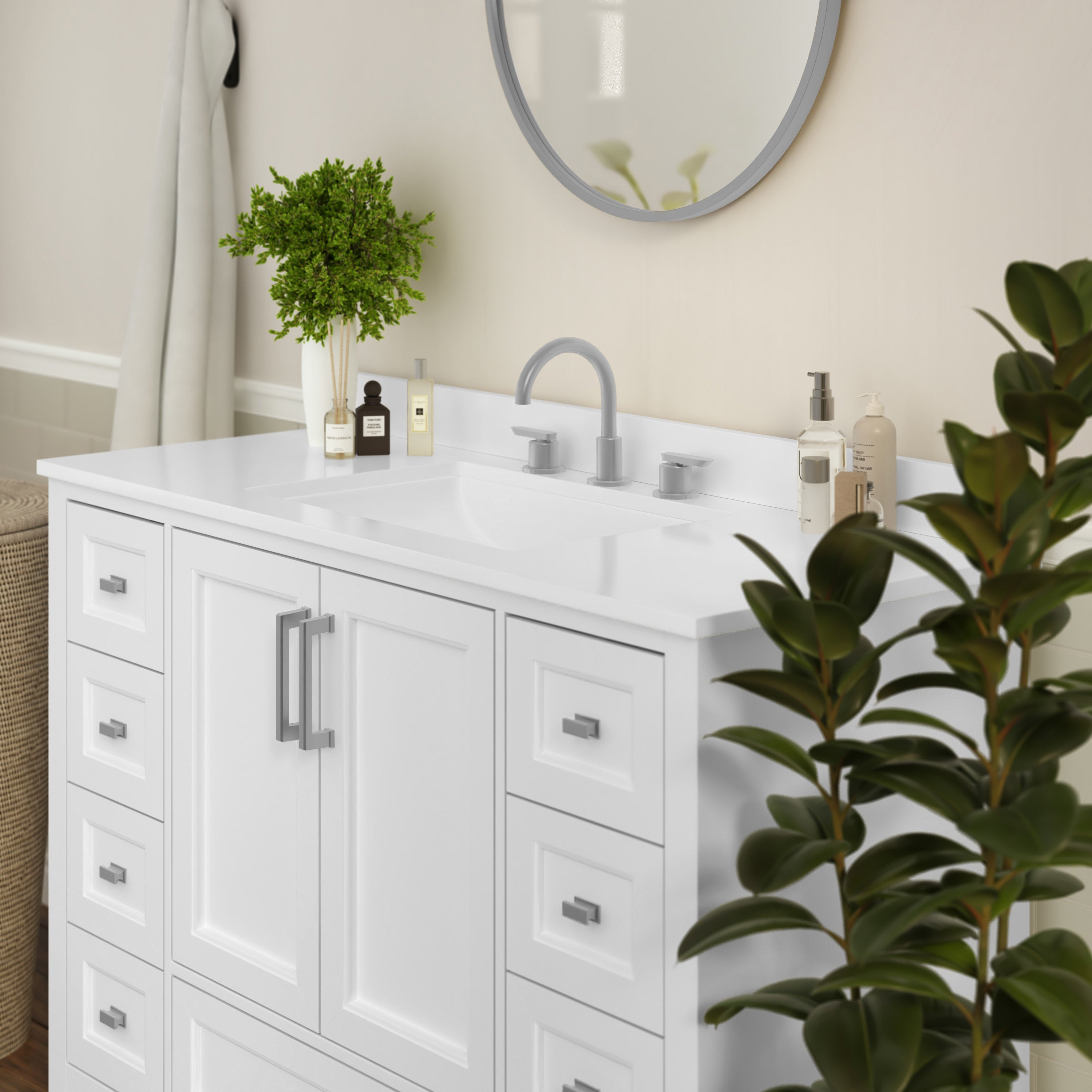 Vega 48 Inch Bathroom Vanity with Sink, Storage Cabinet with Soft Close Doors, and 9 Drawers, Carrara Marble Finish Countertop, White