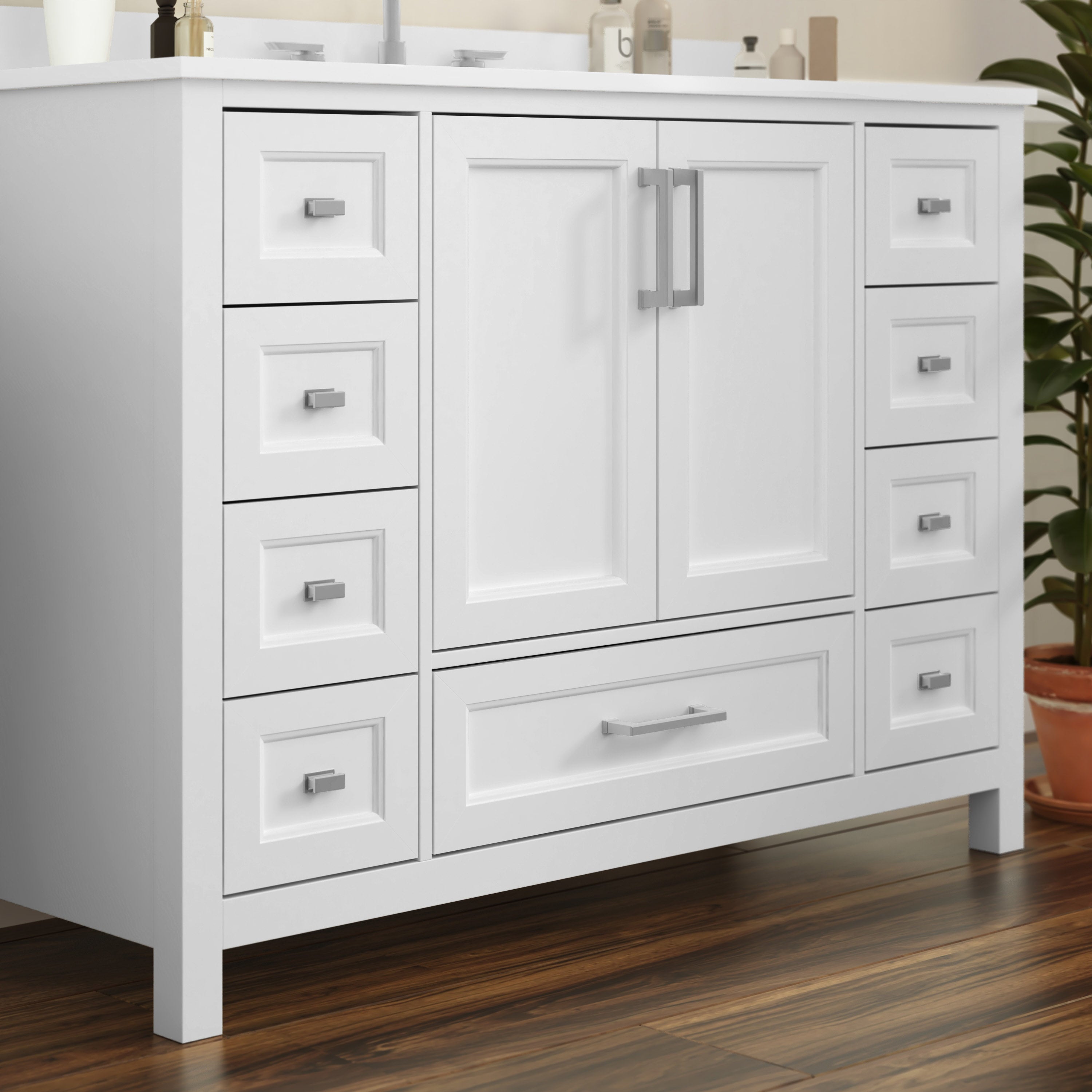 Vega 48 Inch Bathroom Vanity with Sink, Storage Cabinet with Soft Close Doors, and 9 Drawers, Carrara Marble Finish Countertop, White