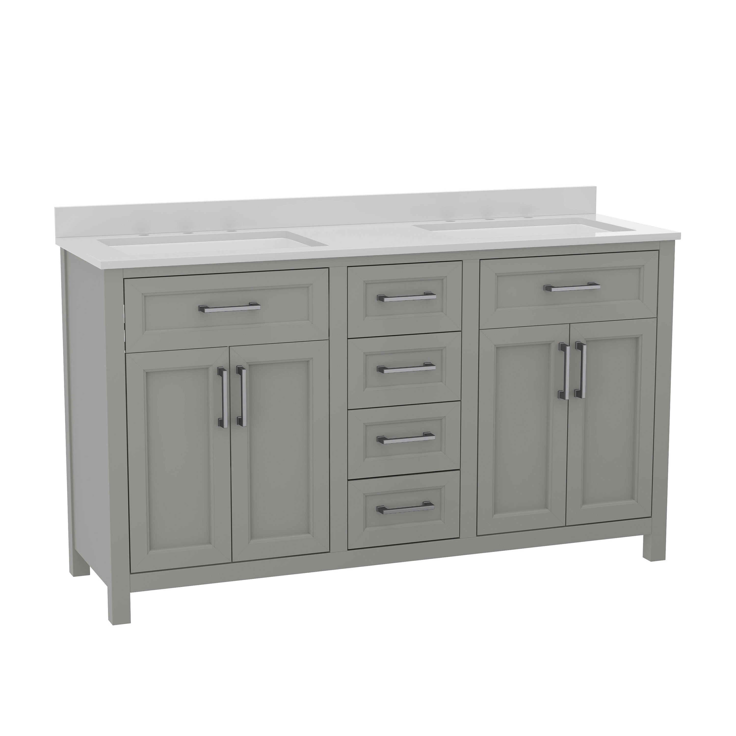 Vega 60 Inch Bathroom Double Vanity with 2 Sinks, 2 Storage Cabinets with Soft Close Doors and 6 Drawers, Carrara Marble Finish Countertop, Gray