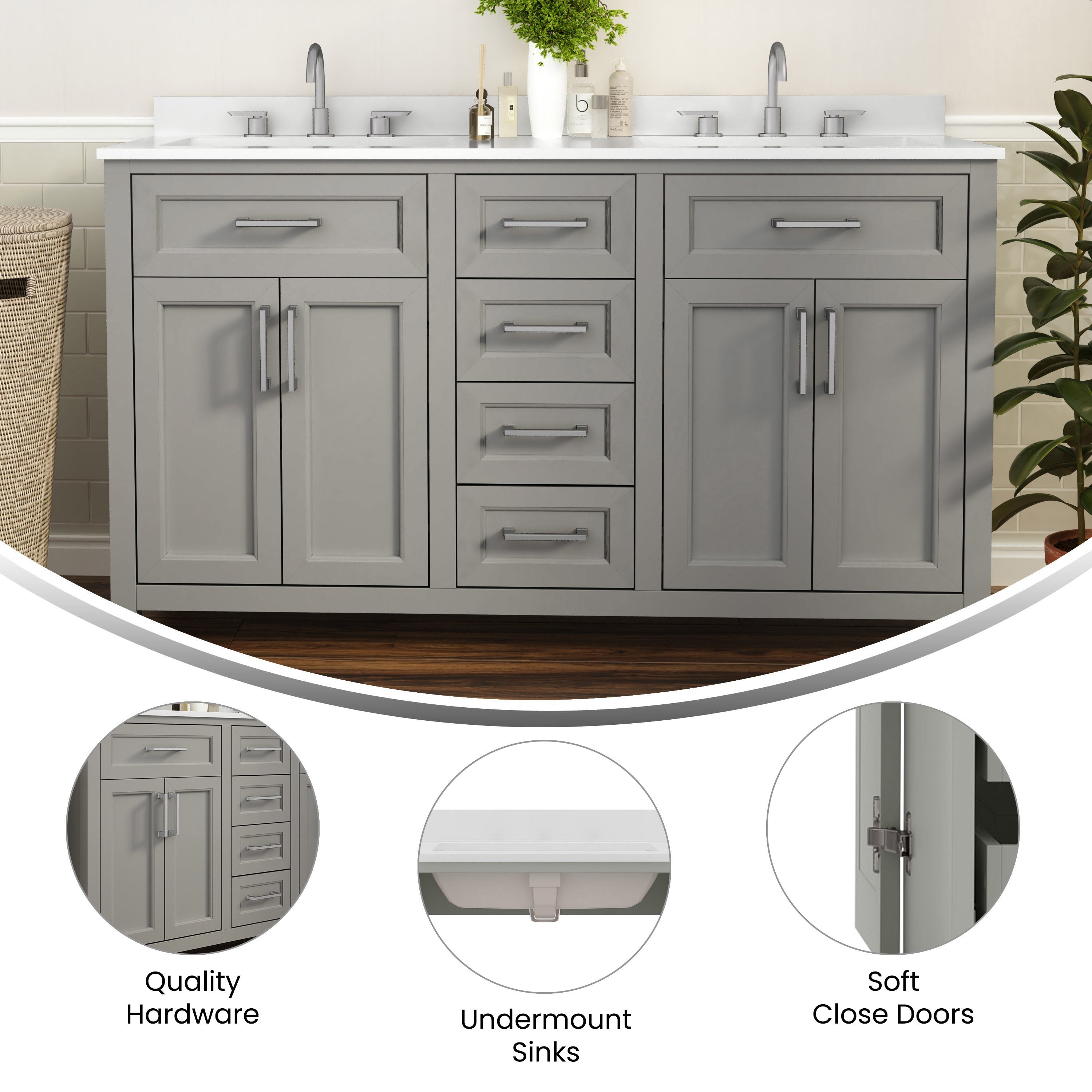 Vega 60 Inch Bathroom Double Vanity with 2 Sinks, 2 Storage Cabinets with Soft Close Doors and 6 Drawers, Carrara Marble Finish Countertop, Gray