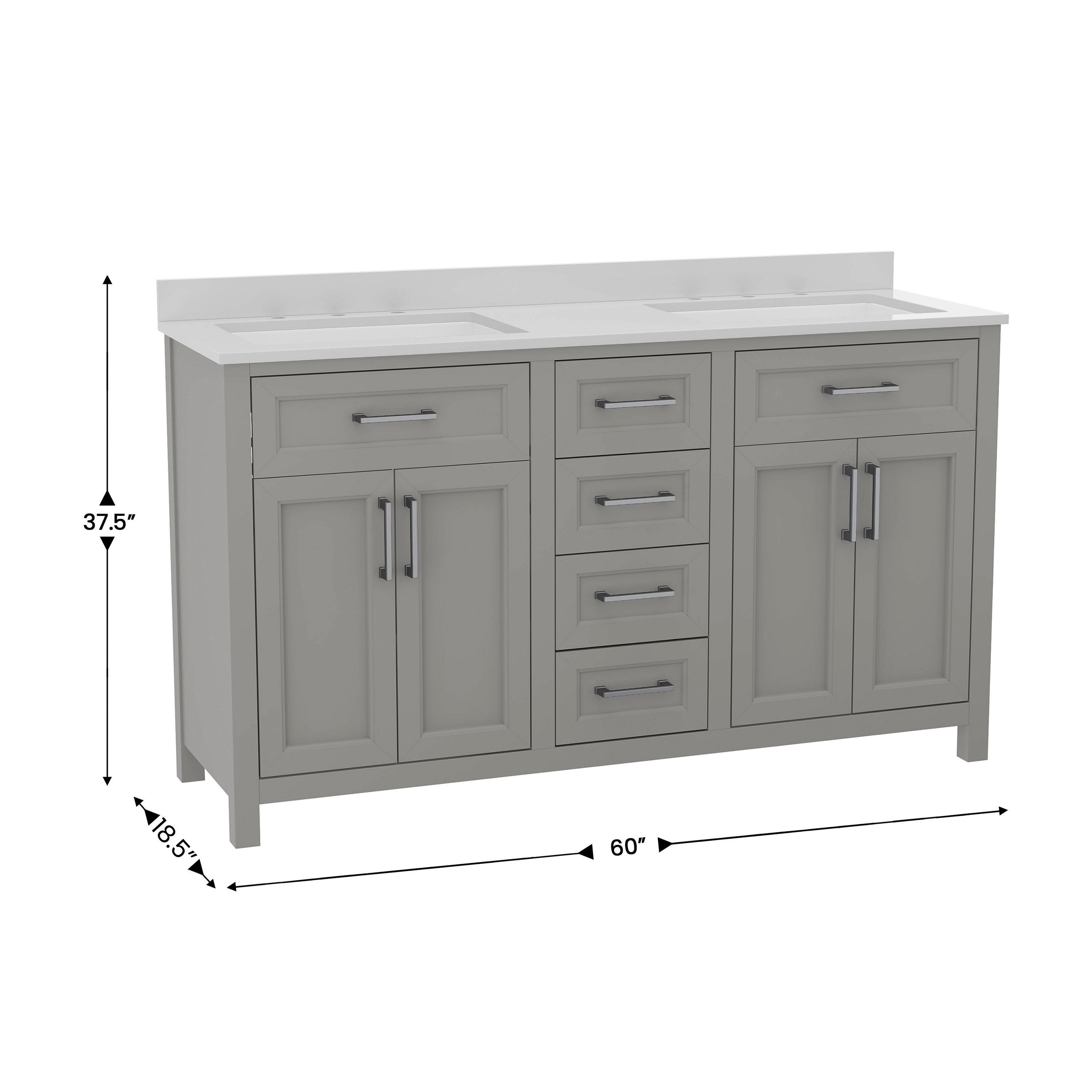 Vega 60 Inch Bathroom Double Vanity with 2 Sinks, 2 Storage Cabinets with Soft Close Doors and 6 Drawers, Carrara Marble Finish Countertop, Gray