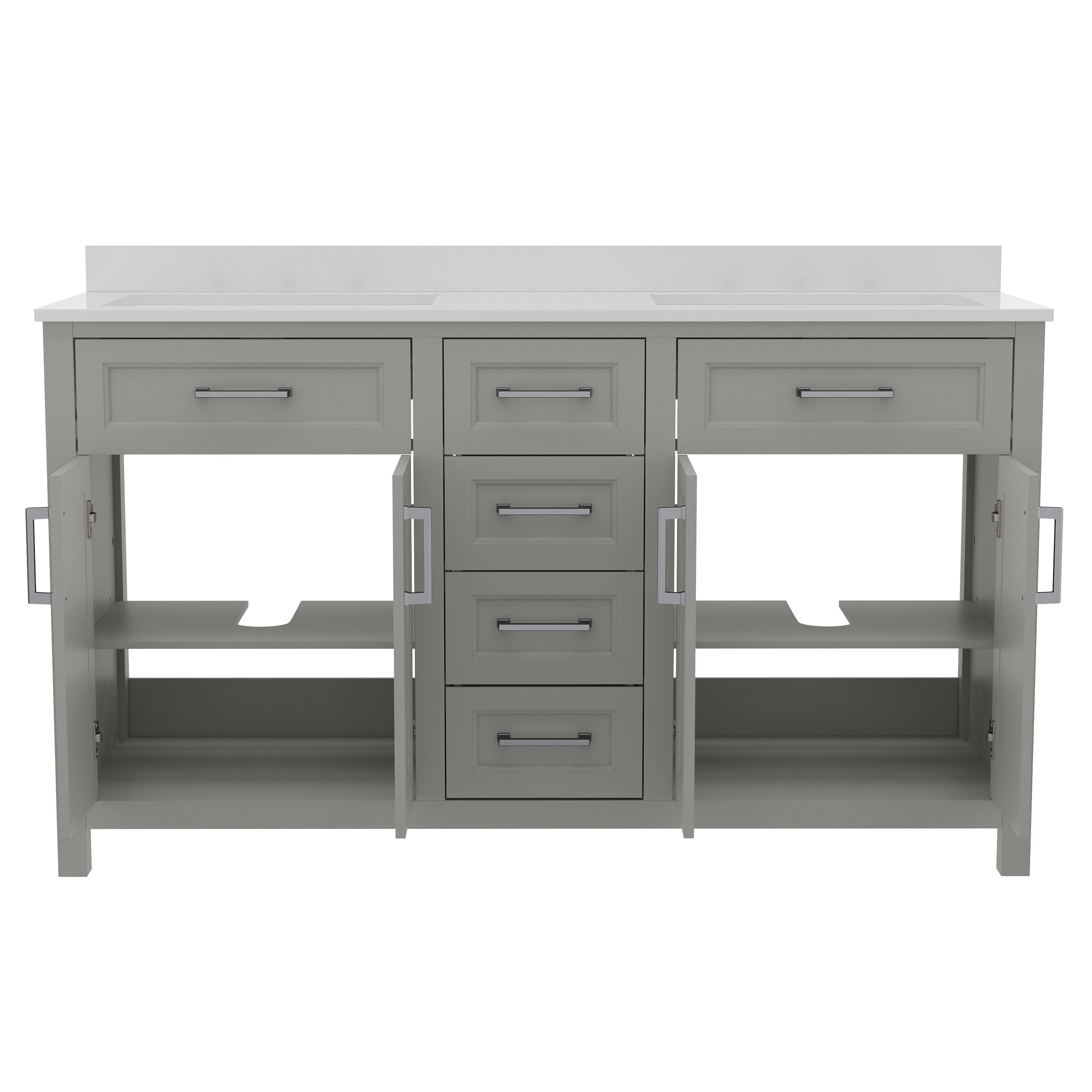 Vega 60 Inch Bathroom Double Vanity with 2 Sinks, 2 Storage Cabinets with Soft Close Doors and 6 Drawers, Carrara Marble Finish Countertop, Gray