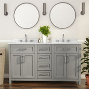 Vega 60 Inch Bathroom Double Vanity with 2 Sinks, 2 Storage Cabinets with Soft Close Doors and 6 Drawers, Carrara Marble Finish Countertop, Gray