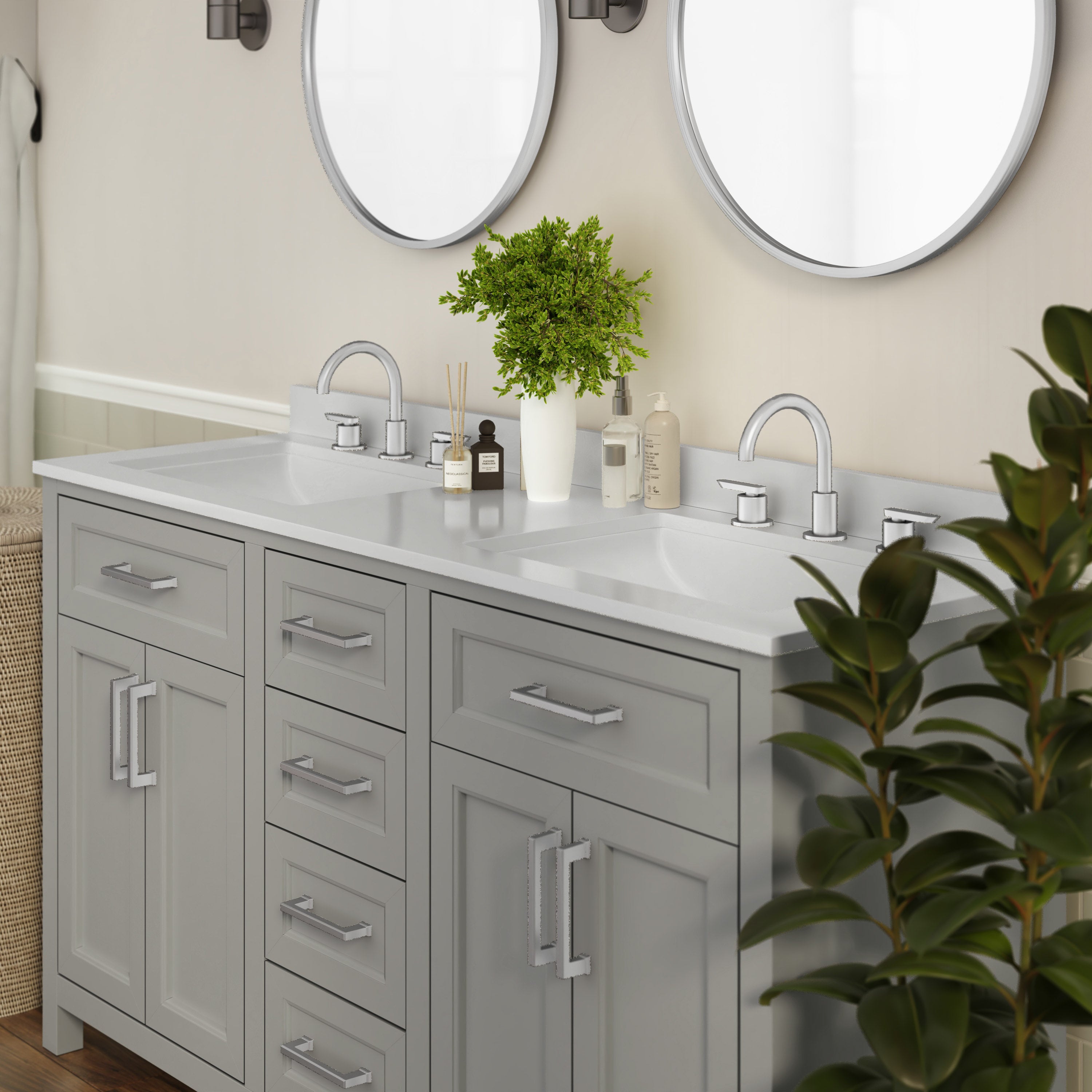 Vega 60 Inch Bathroom Double Vanity with 2 Sinks, 2 Storage Cabinets with Soft Close Doors and 6 Drawers, Carrara Marble Finish Countertop, Gray