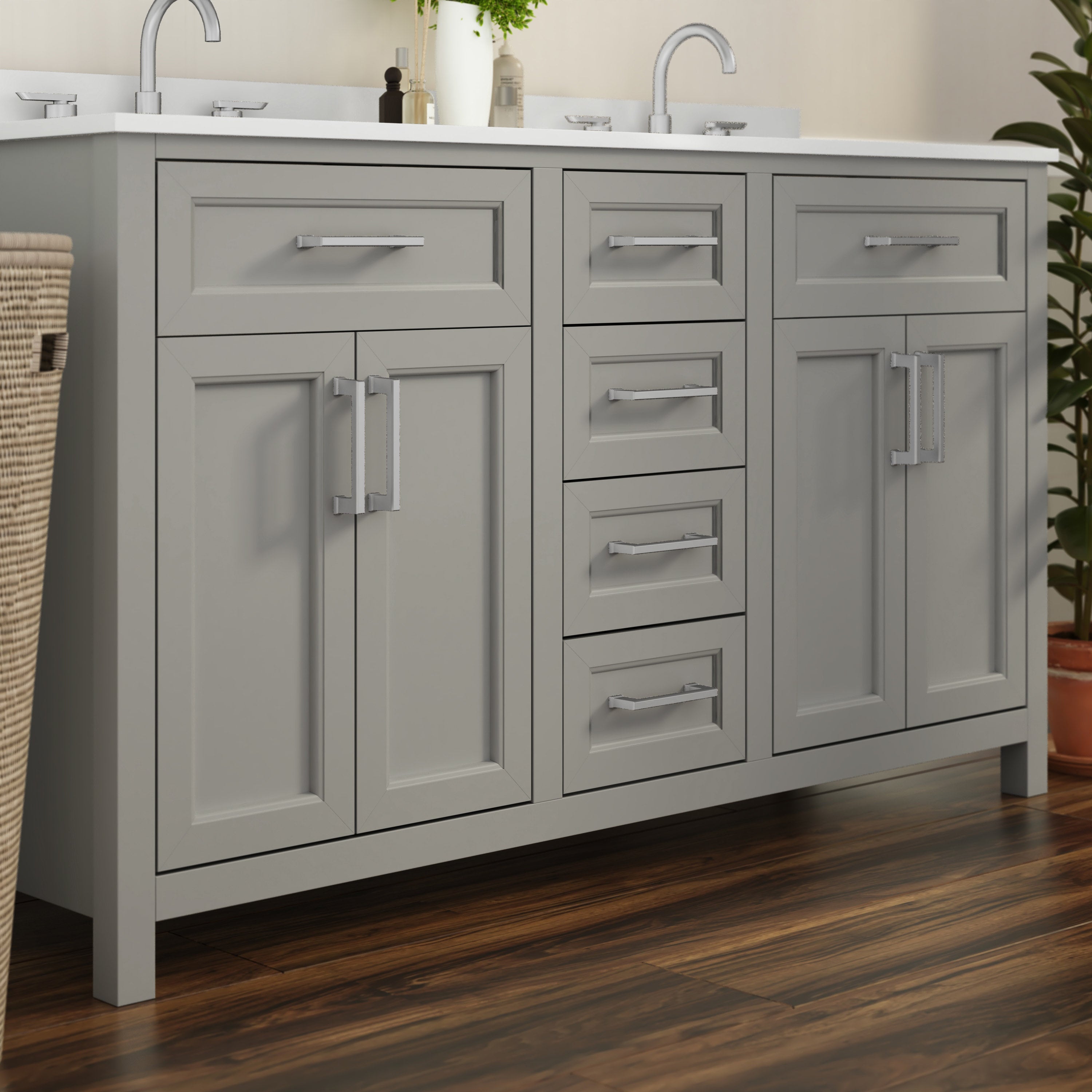 Vega 60 Inch Bathroom Double Vanity with 2 Sinks, 2 Storage Cabinets with Soft Close Doors and 6 Drawers, Carrara Marble Finish Countertop, Gray