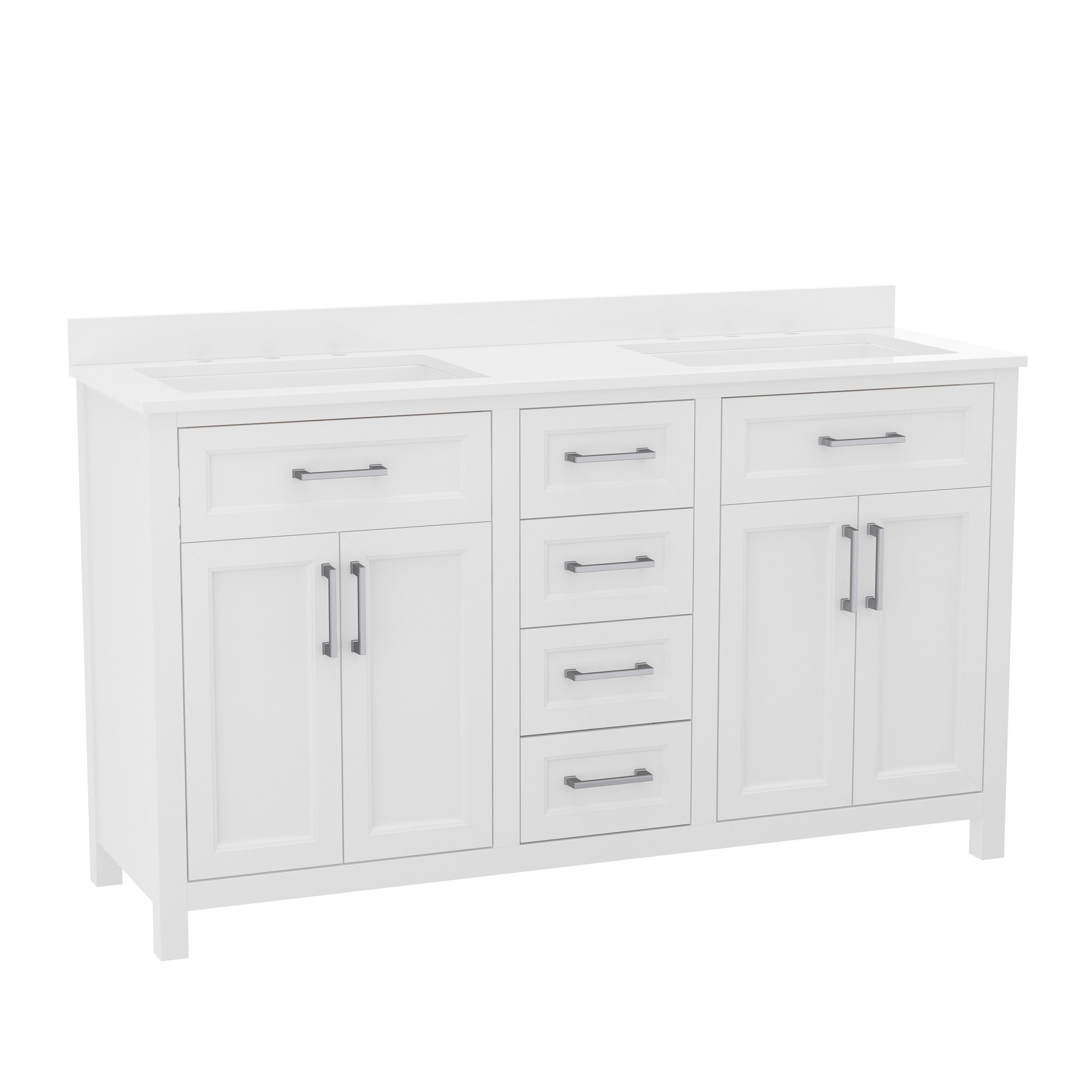 Vega 60 Inch Bathroom Double Vanity with 2 Sinks, 2 Storage Cabinets with Soft Close Doors and 6 Drawers, Carrara Marble Finish Countertop, White