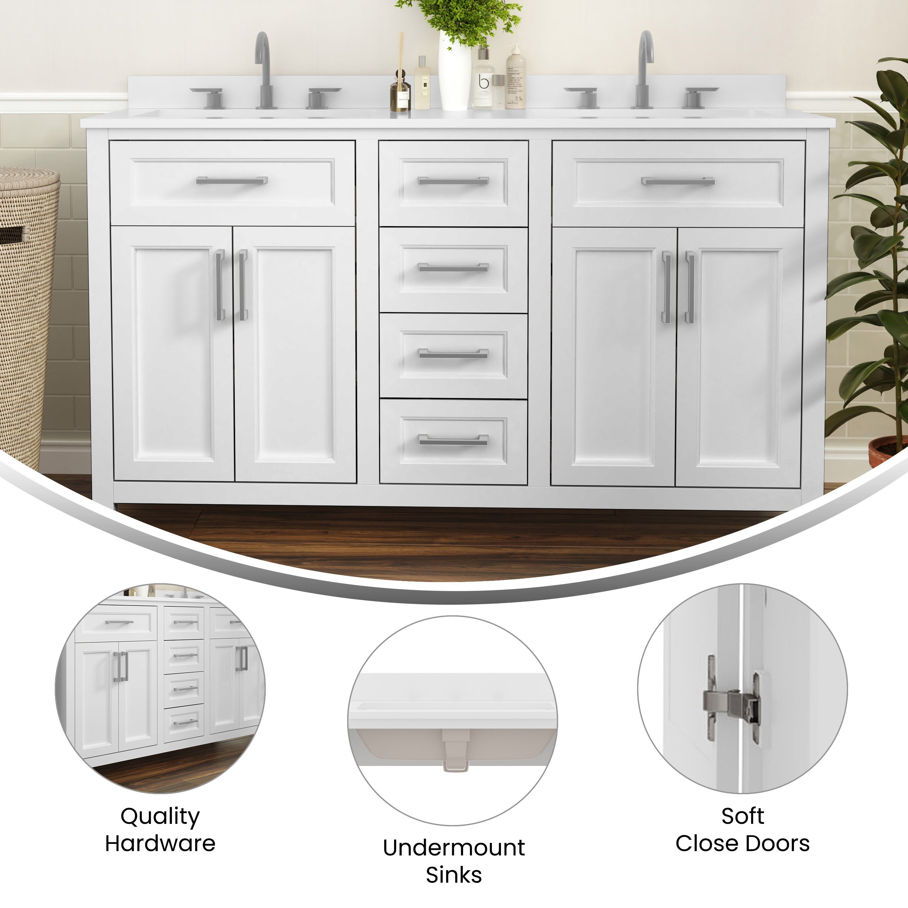 Vega 60 Inch Bathroom Double Vanity with 2 Sinks, 2 Storage Cabinets with Soft Close Doors and 6 Drawers, Carrara Marble Finish Countertop, White