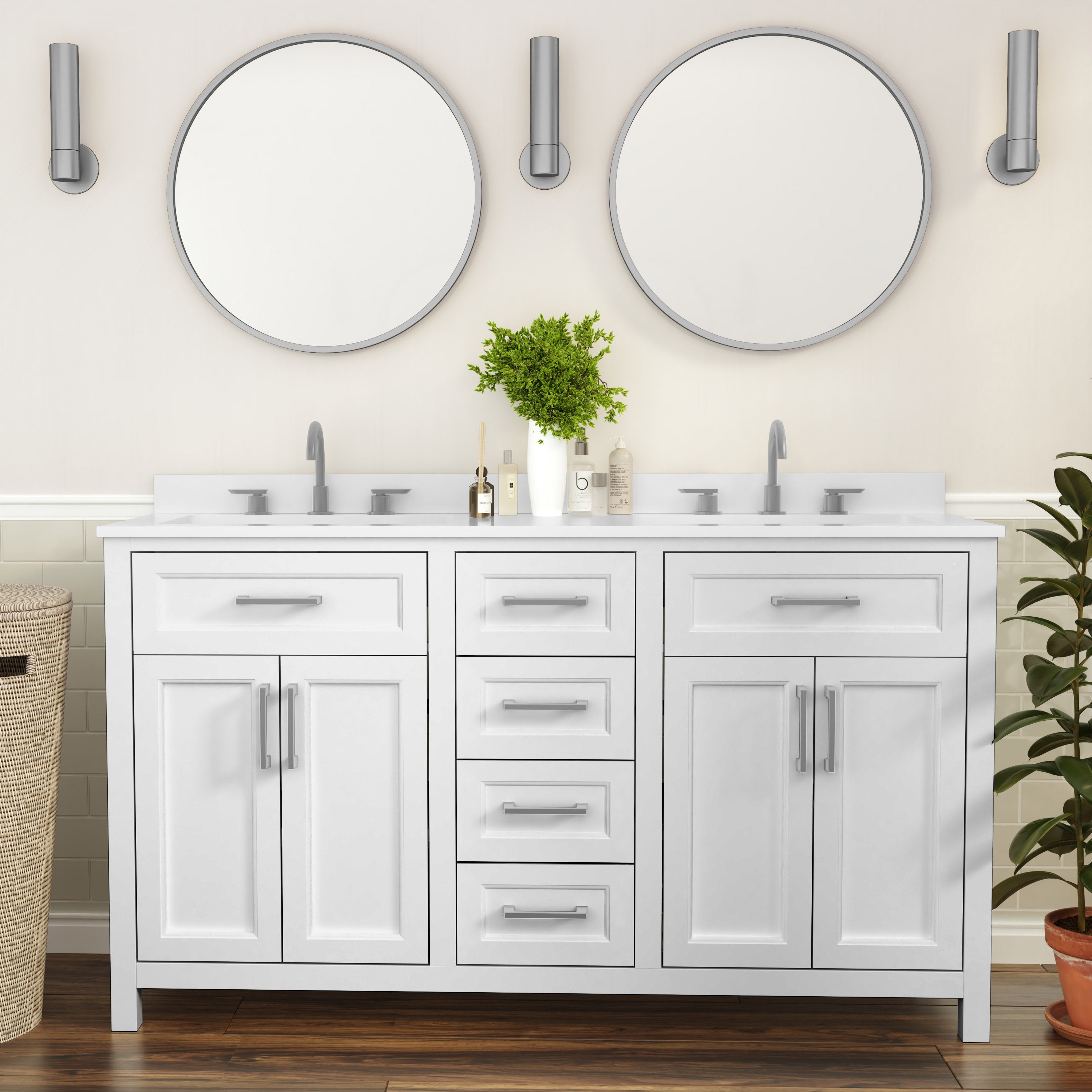 Vega 60 Inch Bathroom Double Vanity with 2 Sinks, 2 Storage Cabinets with Soft Close Doors and 6 Drawers, Carrara Marble Finish Countertop, White