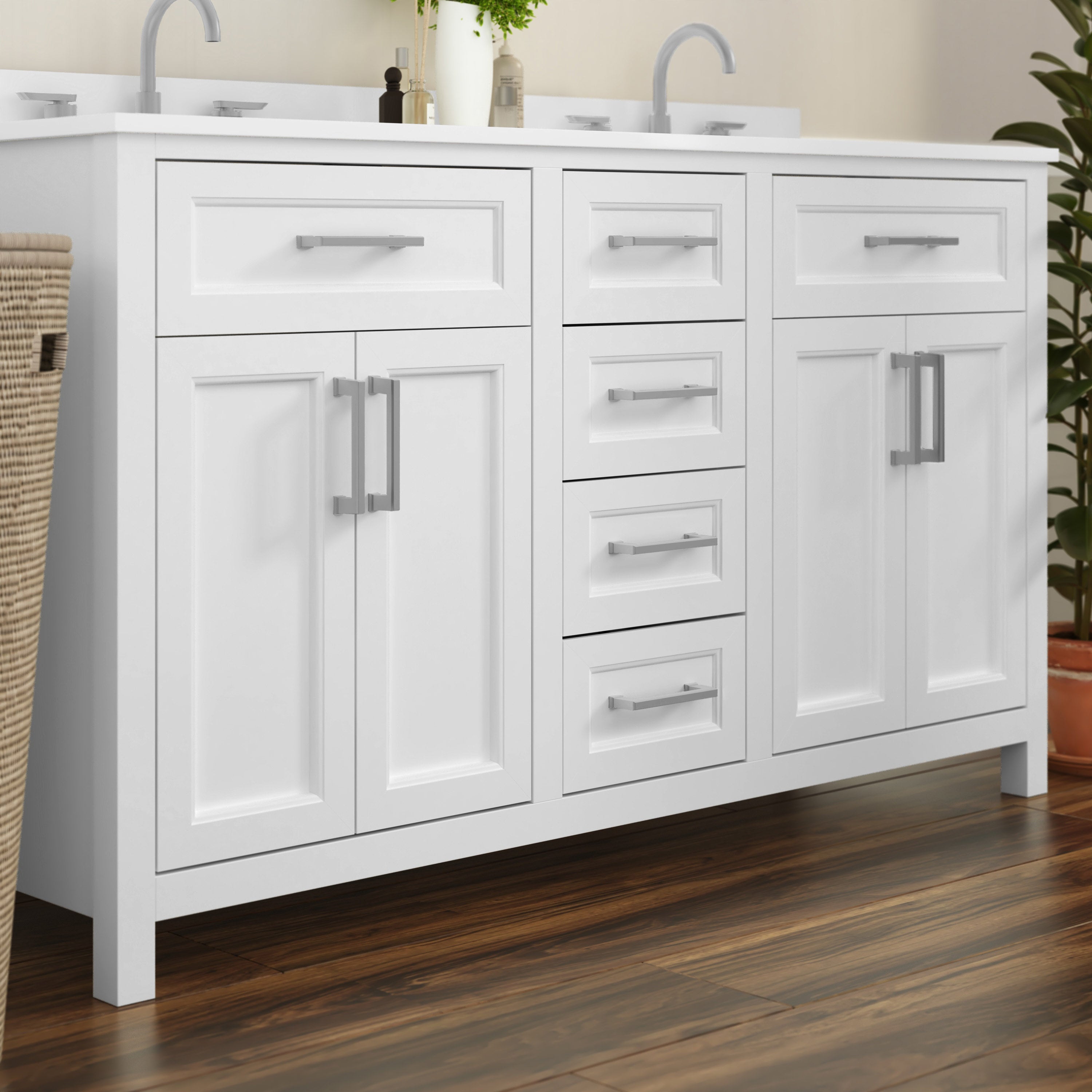 Vega 60 Inch Bathroom Double Vanity with 2 Sinks, 2 Storage Cabinets with Soft Close Doors and 6 Drawers, Carrara Marble Finish Countertop, White