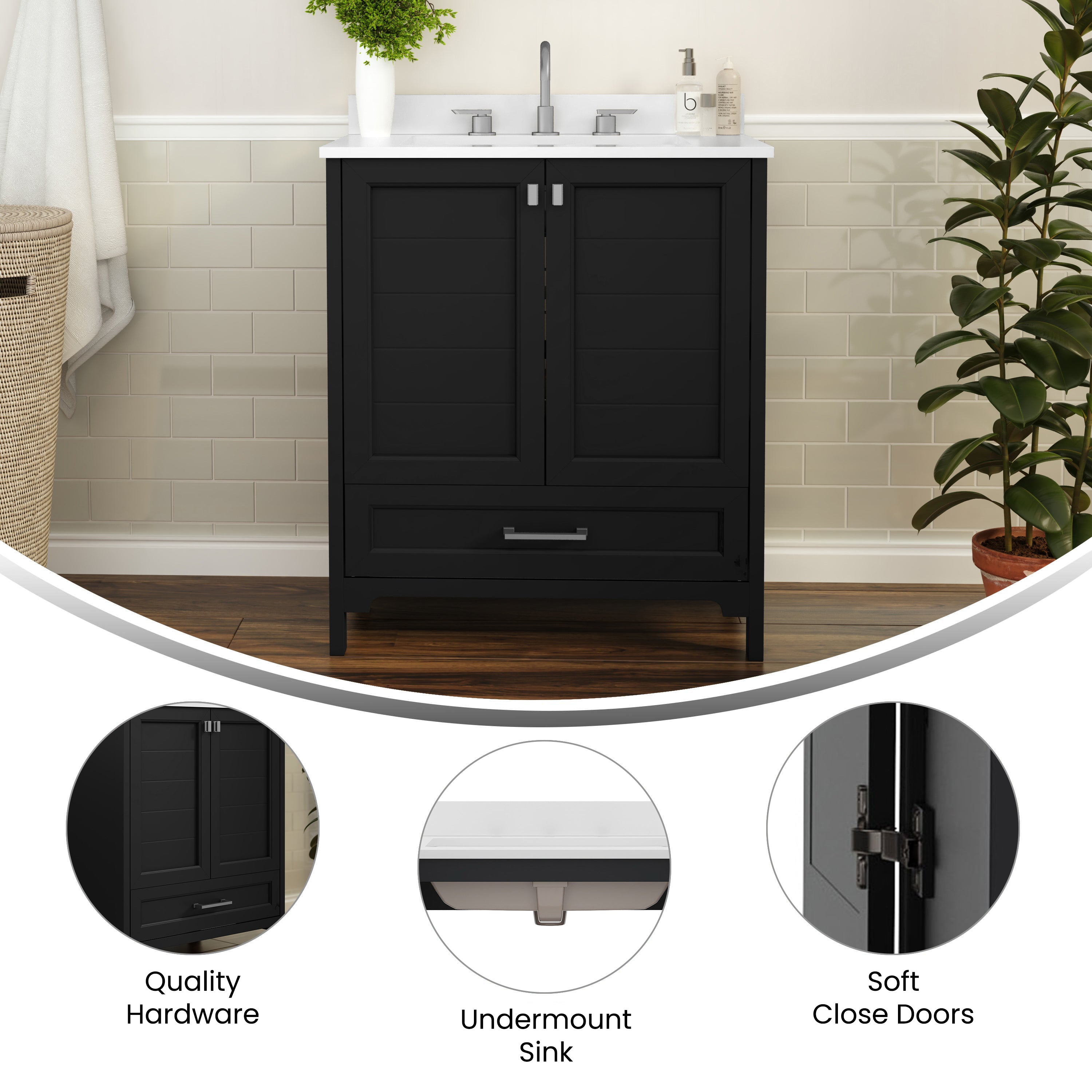Haven 30 Inch Bathroom Vanity with Sink, Storage Cabinet with Soft Close Doors and Bottom Drawer, Carrara Marble Finish Countertop, Black