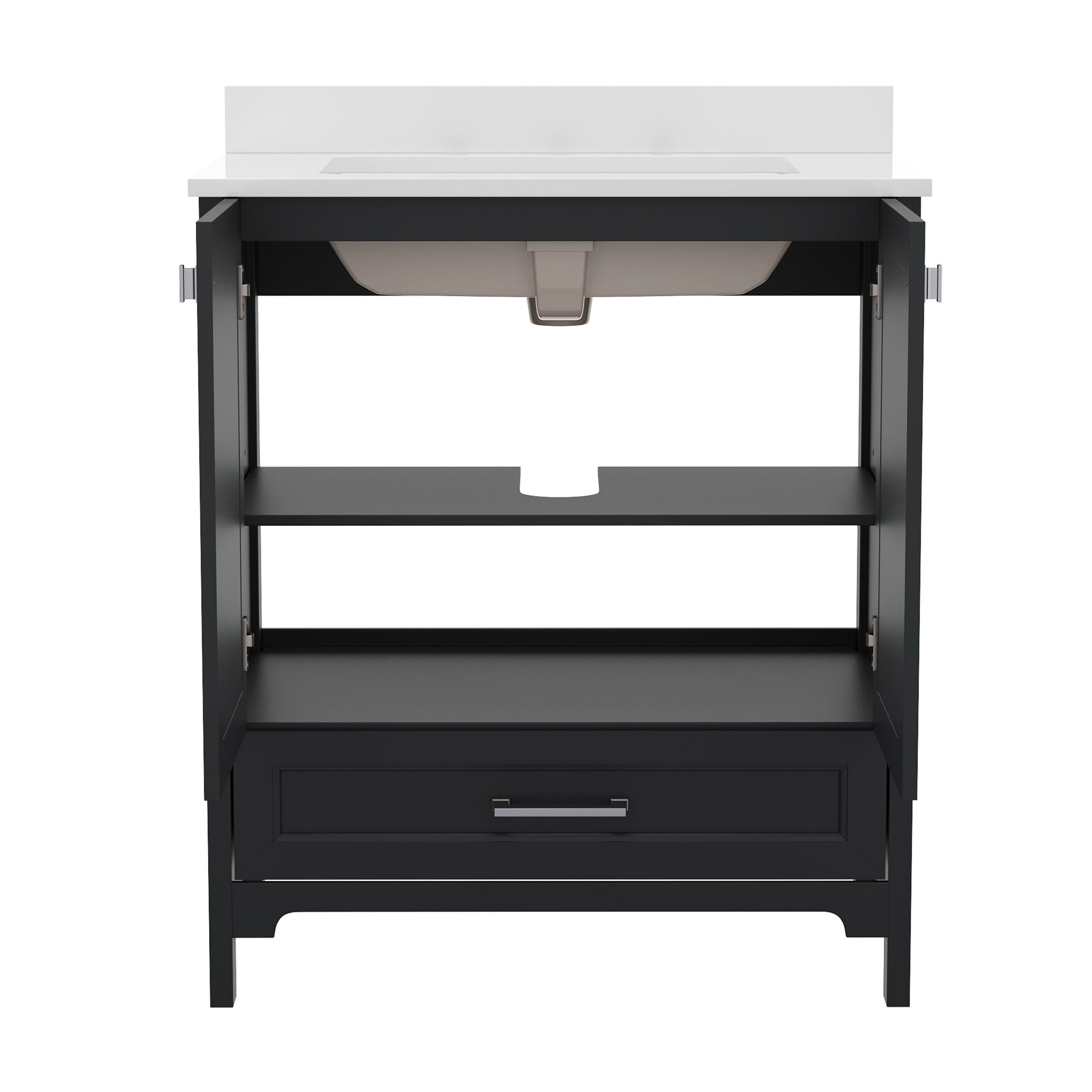 Haven 30 Inch Bathroom Vanity with Sink, Storage Cabinet with Soft Close Doors and Bottom Drawer, Carrara Marble Finish Countertop, Black