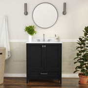 Haven 30 Inch Bathroom Vanity with Sink, Storage Cabinet with Soft Close Doors and Bottom Drawer, Carrara Marble Finish Countertop, Black