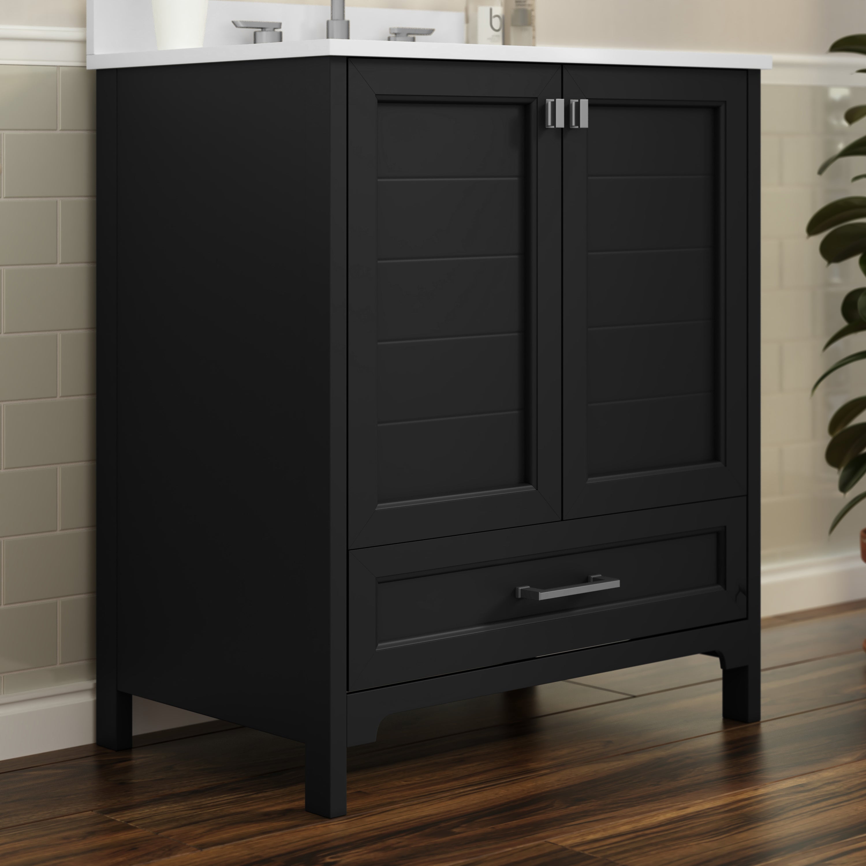 Haven 30 Inch Bathroom Vanity with Sink, Storage Cabinet with Soft Close Doors and Bottom Drawer, Carrara Marble Finish Countertop, Black