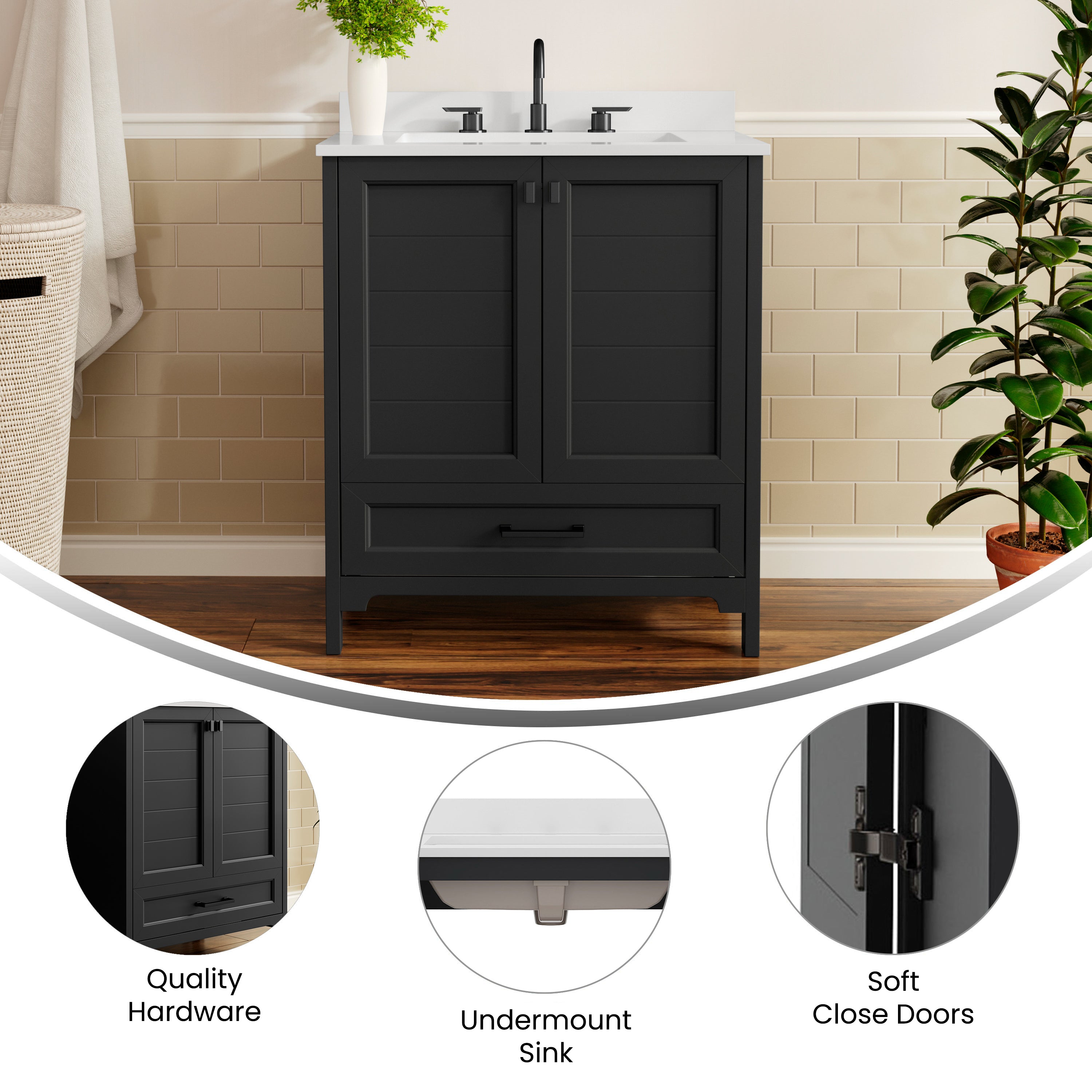 Haven 30" Bathroom Vanity with Sink, Storage Cabinet with Black Hardware, Soft Close Doors and Bottom Drawer, Carrara Marble Finish Countertop, Black