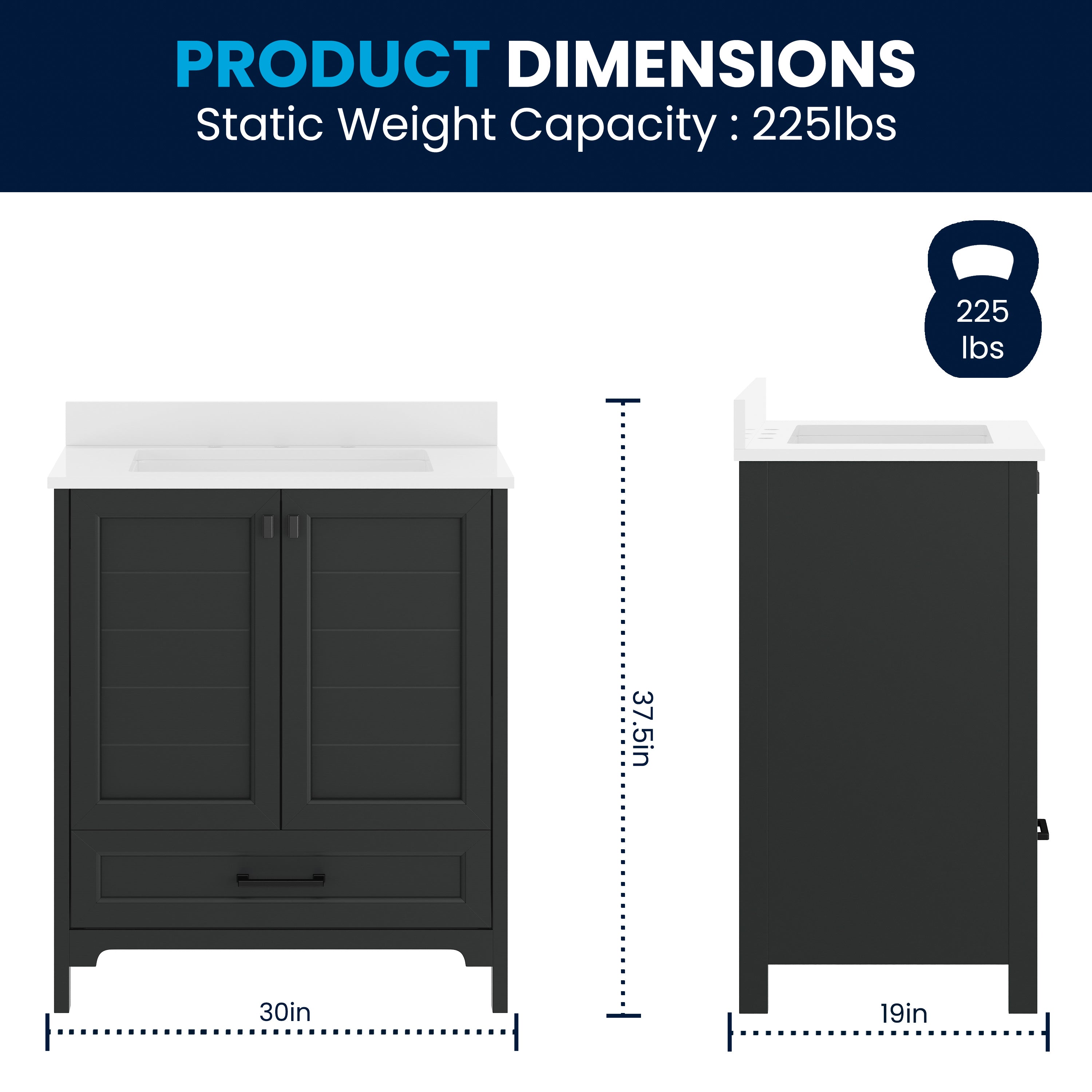 Haven 30" Bathroom Vanity with Sink, Storage Cabinet with Black Hardware, Soft Close Doors and Bottom Drawer, Carrara Marble Finish Countertop, Black