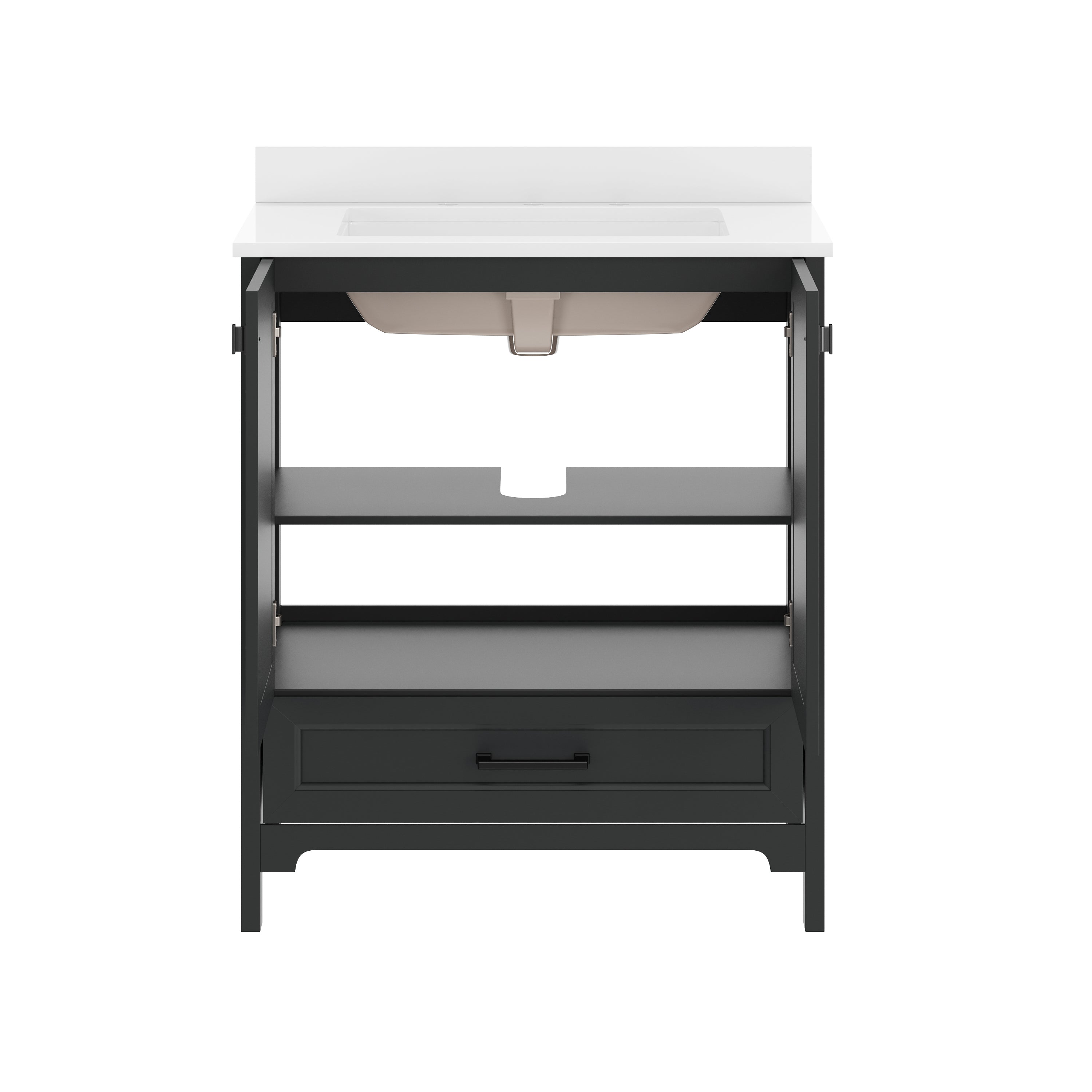 Haven 30" Bathroom Vanity with Sink, Storage Cabinet with Black Hardware, Soft Close Doors and Bottom Drawer, Carrara Marble Finish Countertop, Black