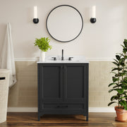 Haven 30" Bathroom Vanity with Sink, Storage Cabinet with Black Hardware, Soft Close Doors and Bottom Drawer, Carrara Marble Finish Countertop, Black