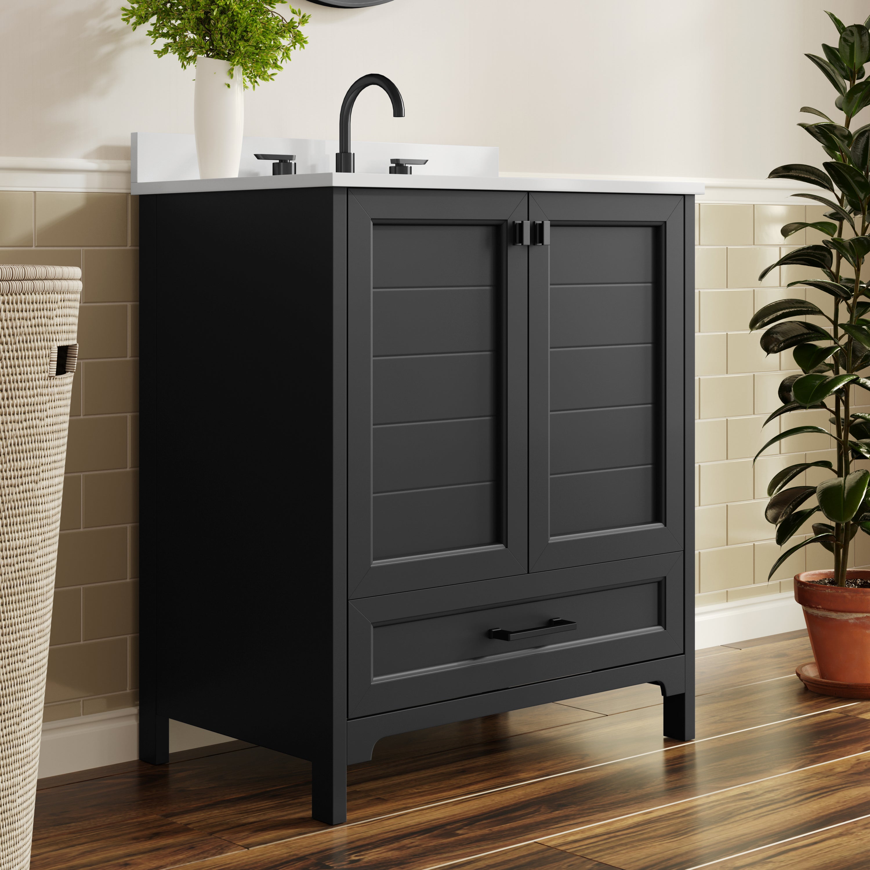 Haven 30" Bathroom Vanity with Sink, Storage Cabinet with Black Hardware, Soft Close Doors and Bottom Drawer, Carrara Marble Finish Countertop, Black