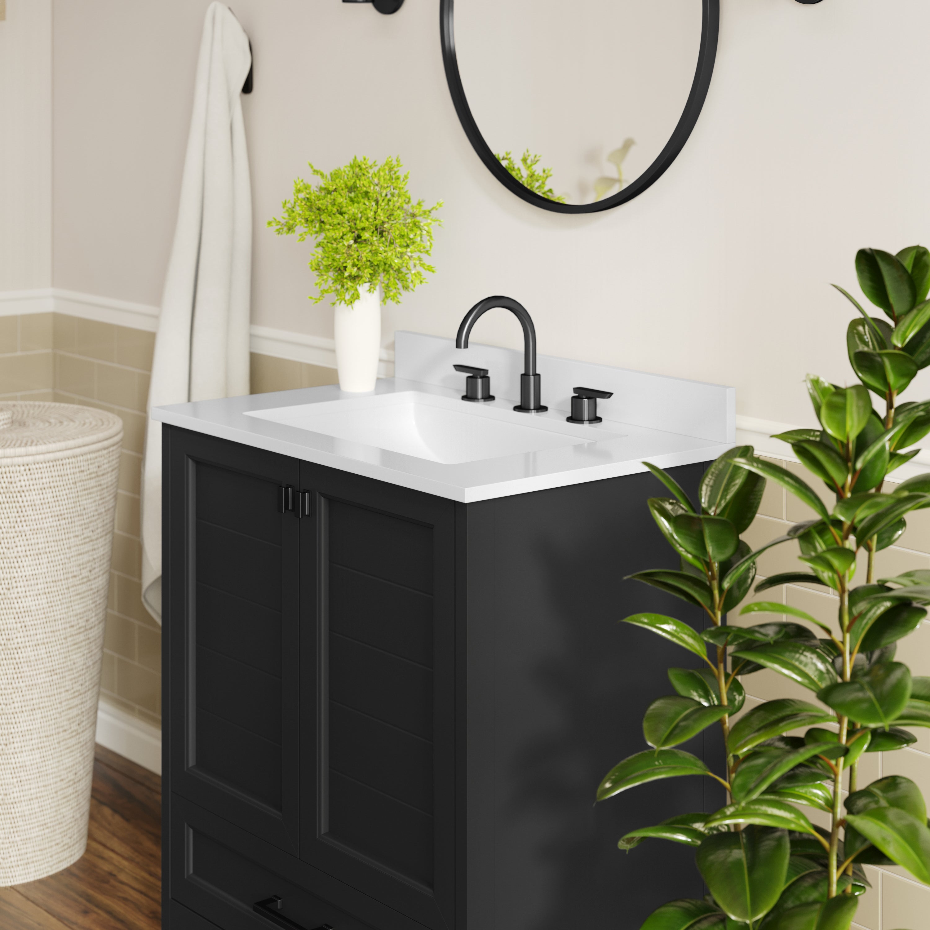 Haven 30" Bathroom Vanity with Sink, Storage Cabinet with Black Hardware, Soft Close Doors and Bottom Drawer, Carrara Marble Finish Countertop, Black