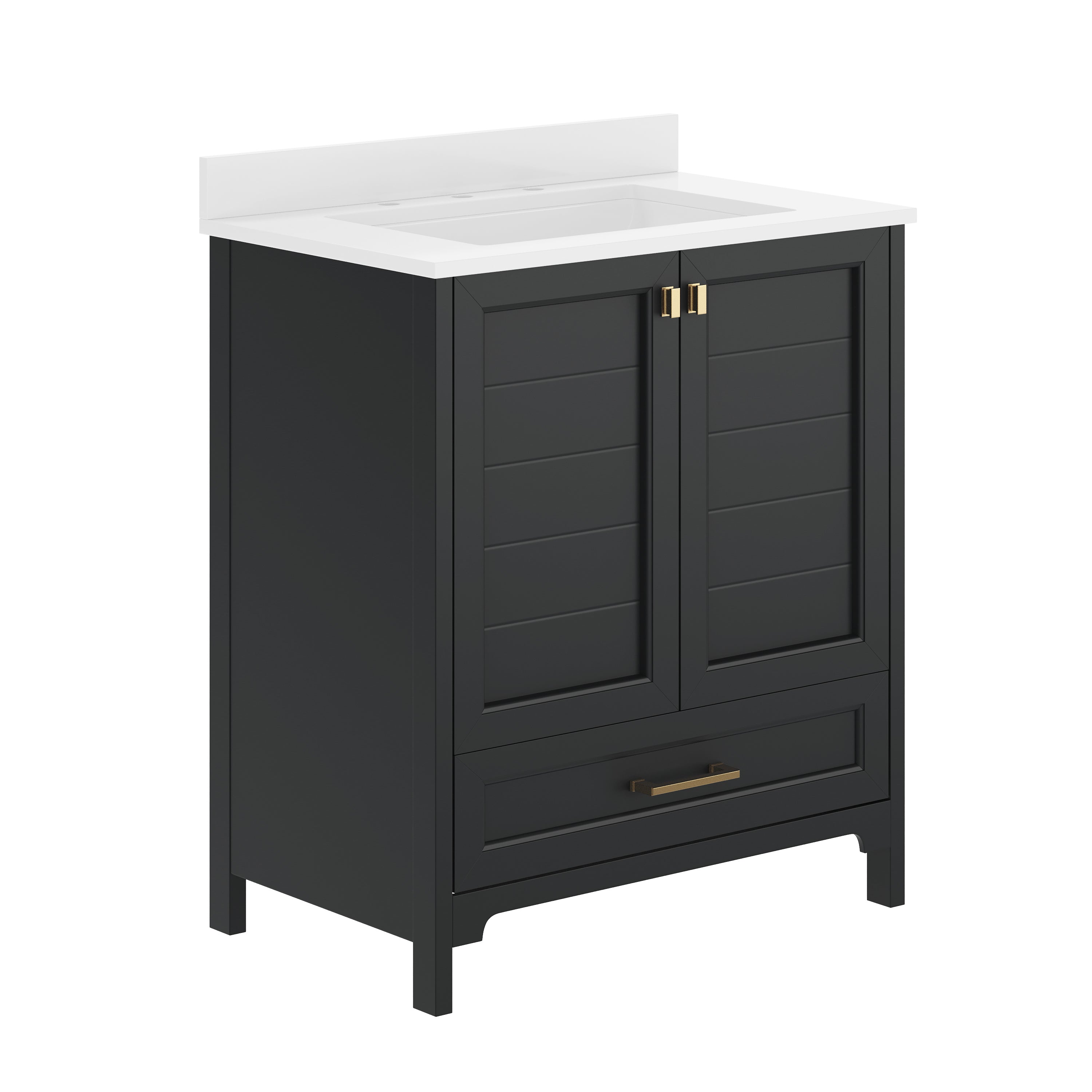Haven 30" Bathroom Vanity with Sink, Storage Cabinet with Gold Hardware, Soft Close Doors and Bottom Drawer, Carrara Marble Finish Countertop, Black