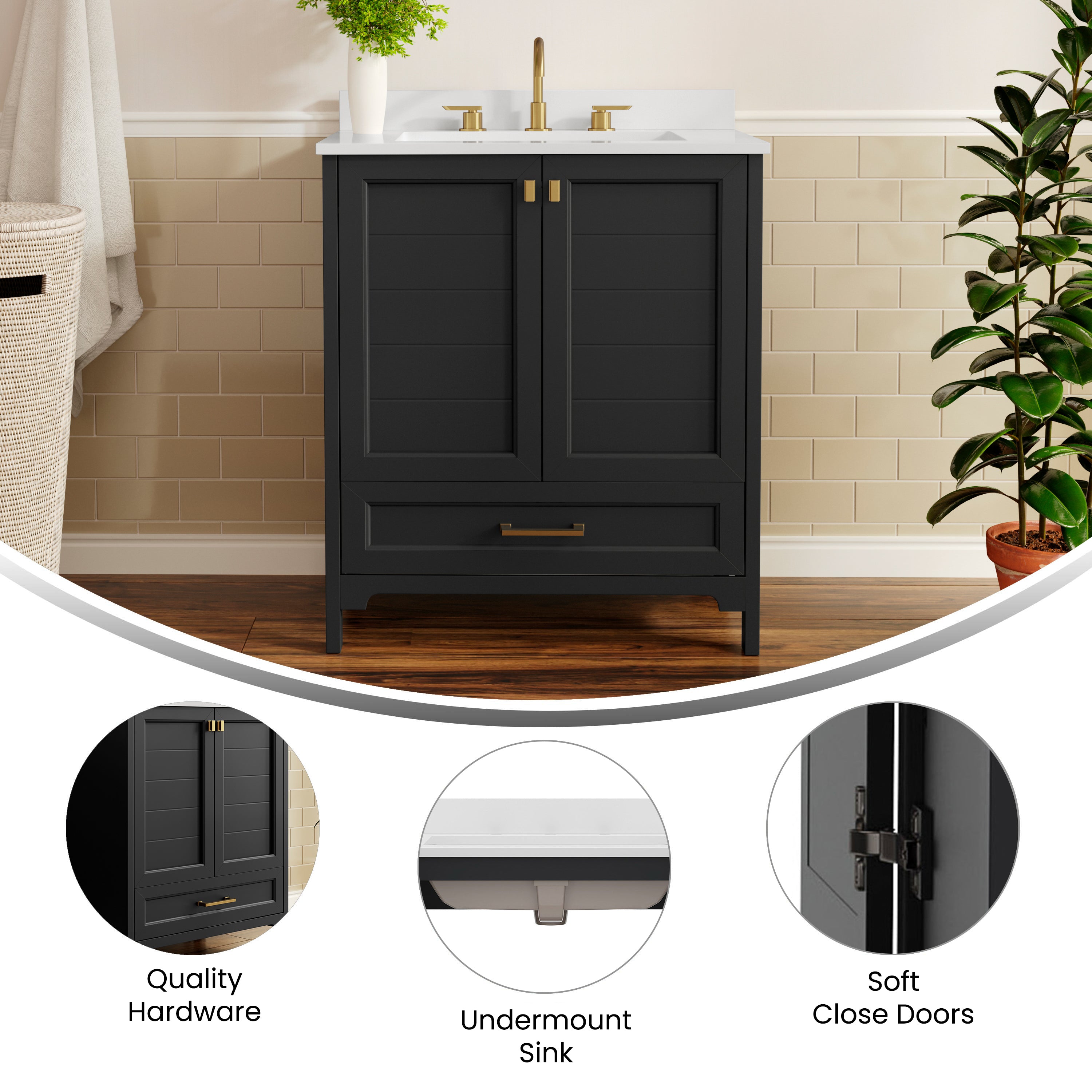 Haven 30" Bathroom Vanity with Sink, Storage Cabinet with Gold Hardware, Soft Close Doors and Bottom Drawer, Carrara Marble Finish Countertop, Black