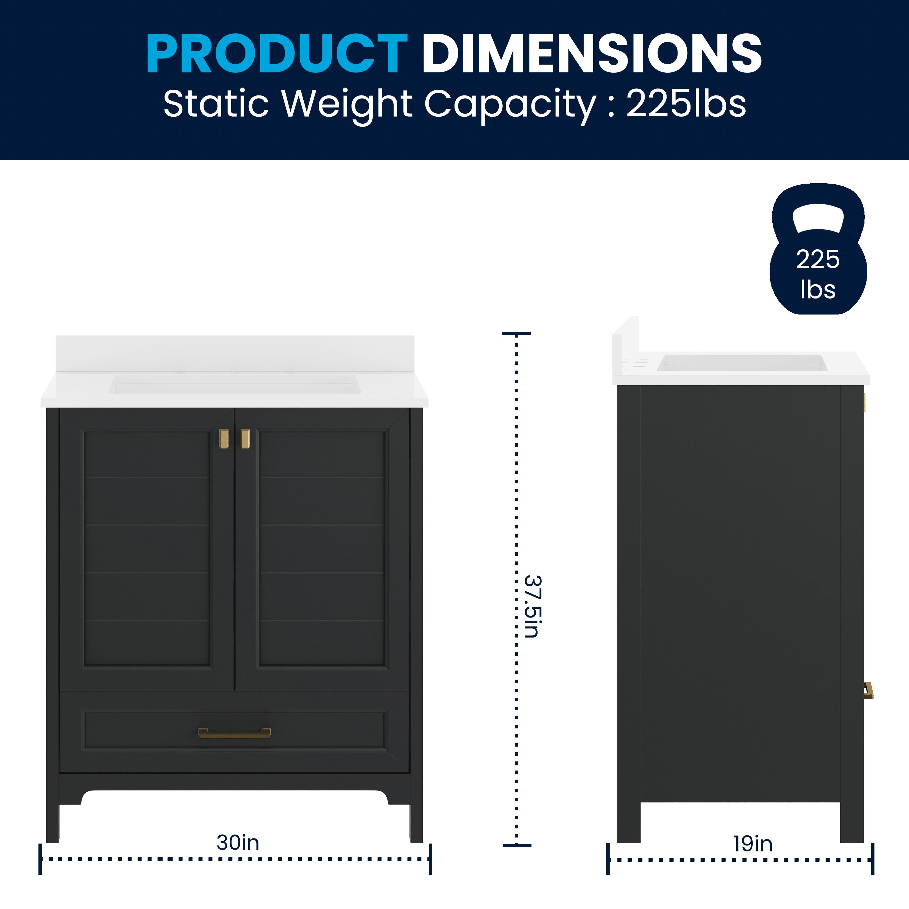 Haven 30" Bathroom Vanity with Sink, Storage Cabinet with Gold Hardware, Soft Close Doors and Bottom Drawer, Carrara Marble Finish Countertop, Black
