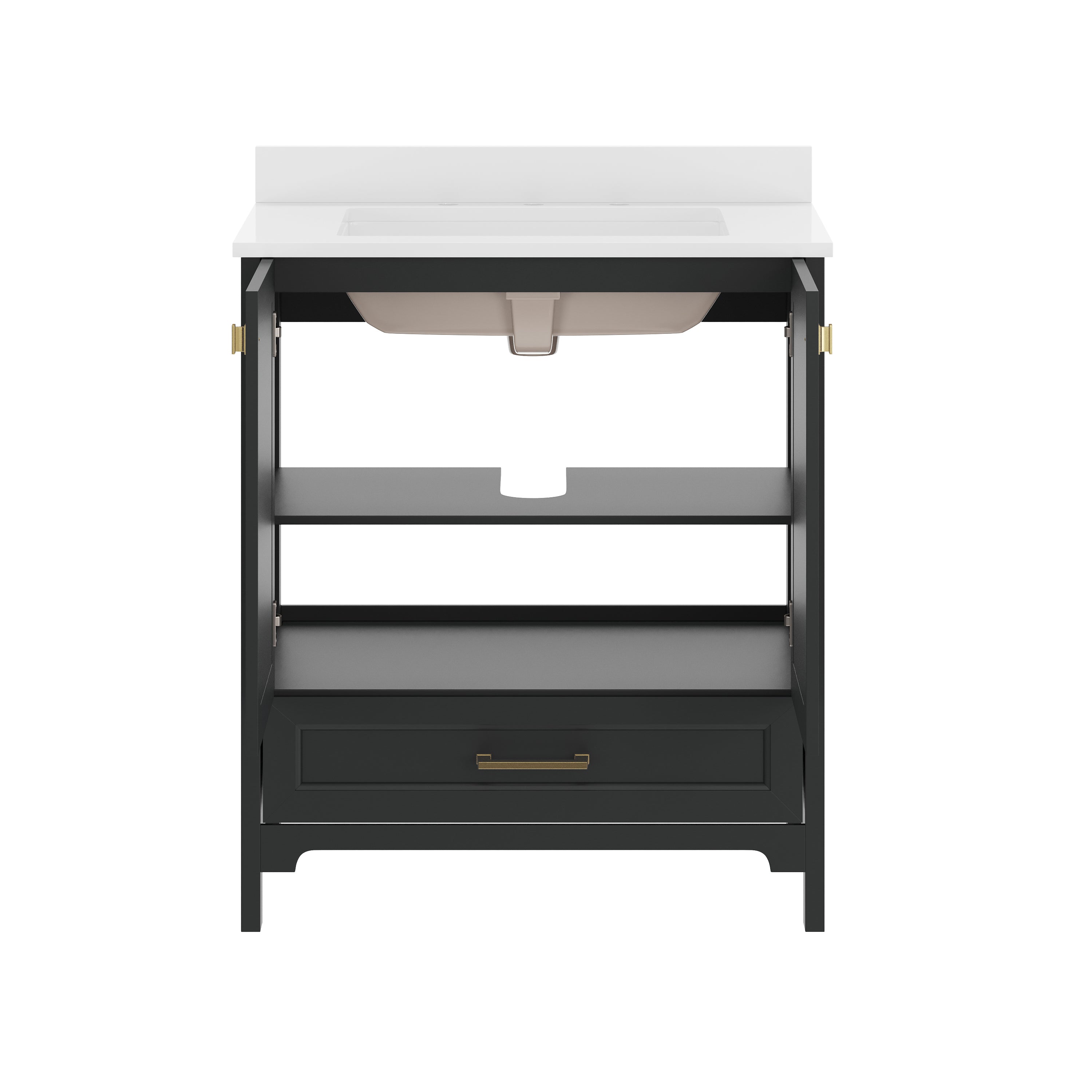Haven 30" Bathroom Vanity with Sink, Storage Cabinet with Gold Hardware, Soft Close Doors and Bottom Drawer, Carrara Marble Finish Countertop, Black