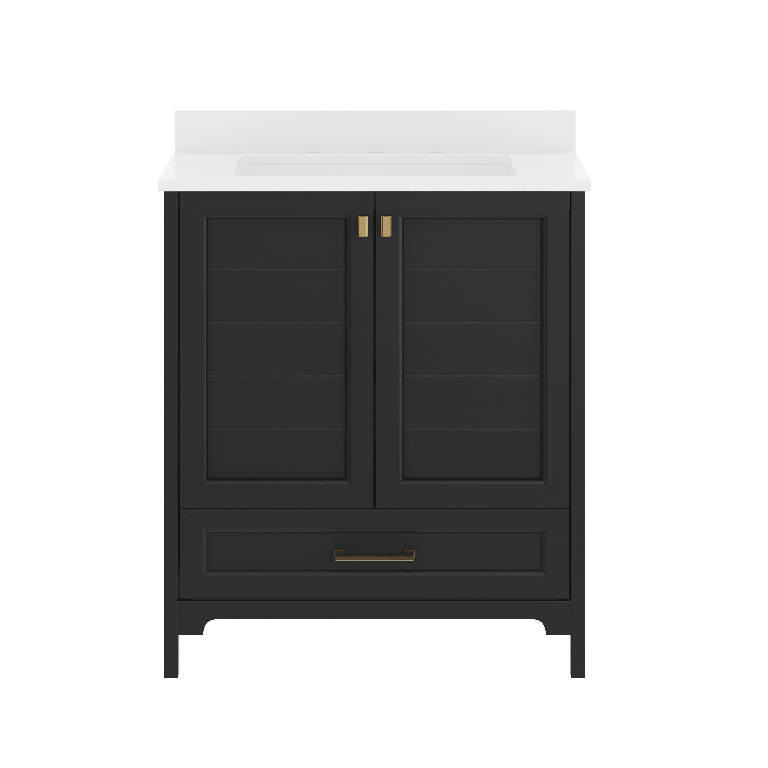 Haven 30" Bathroom Vanity with Sink, Storage Cabinet with Gold Hardware, Soft Close Doors and Bottom Drawer, Carrara Marble Finish Countertop, Black