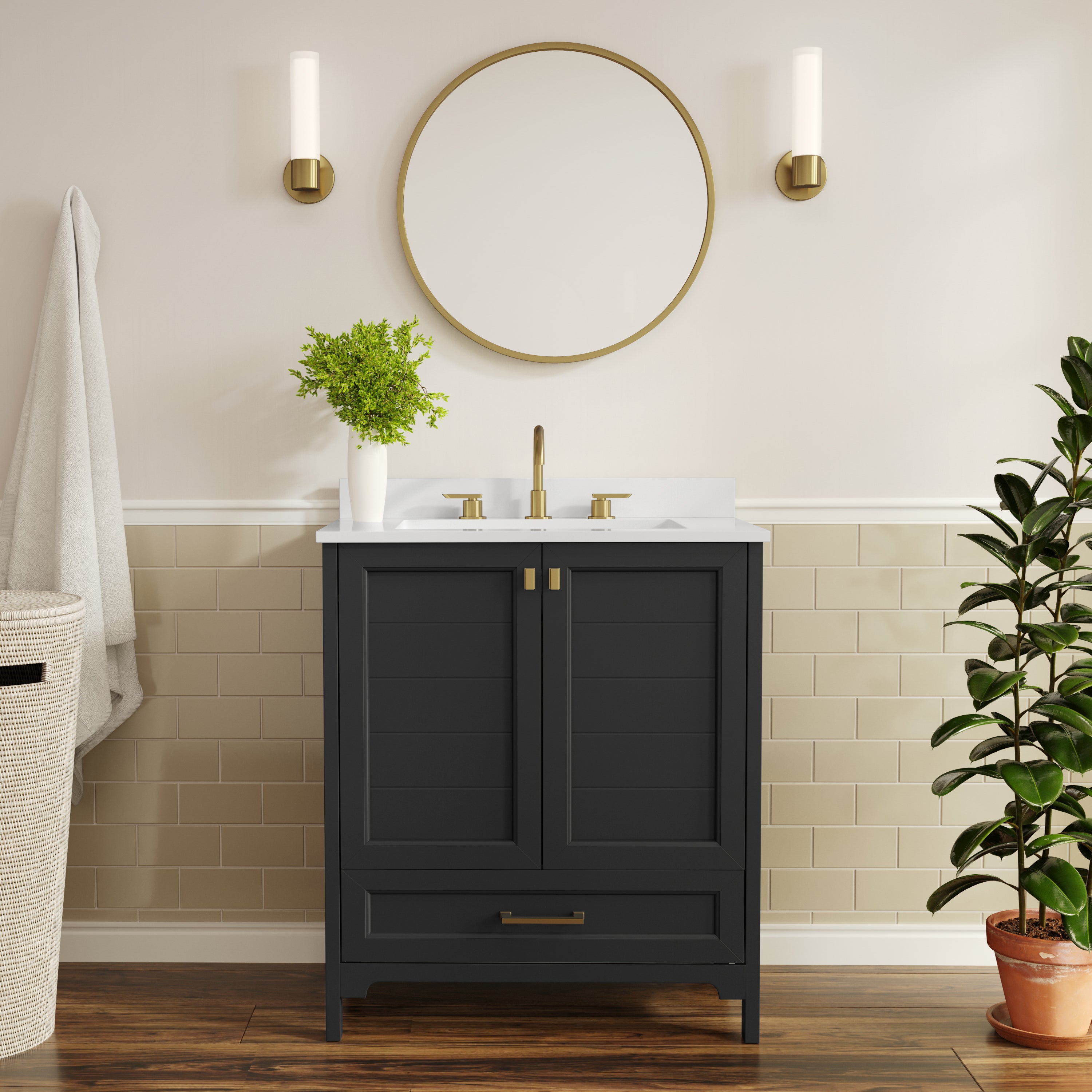 Haven 30" Bathroom Vanity with Sink, Storage Cabinet with Gold Hardware, Soft Close Doors and Bottom Drawer, Carrara Marble Finish Countertop, Black