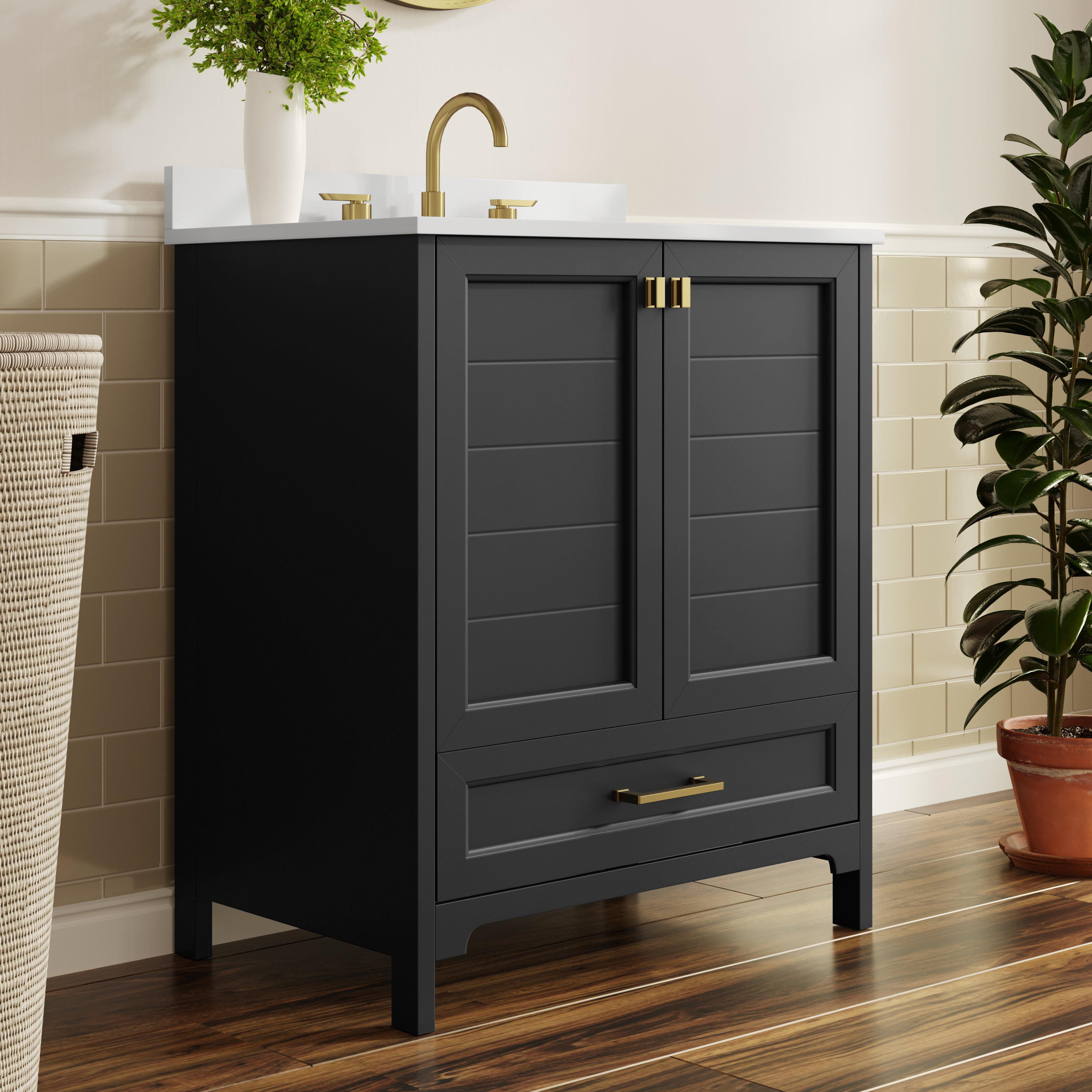 Haven 30" Bathroom Vanity with Sink, Storage Cabinet with Gold Hardware, Soft Close Doors and Bottom Drawer, Carrara Marble Finish Countertop, Black