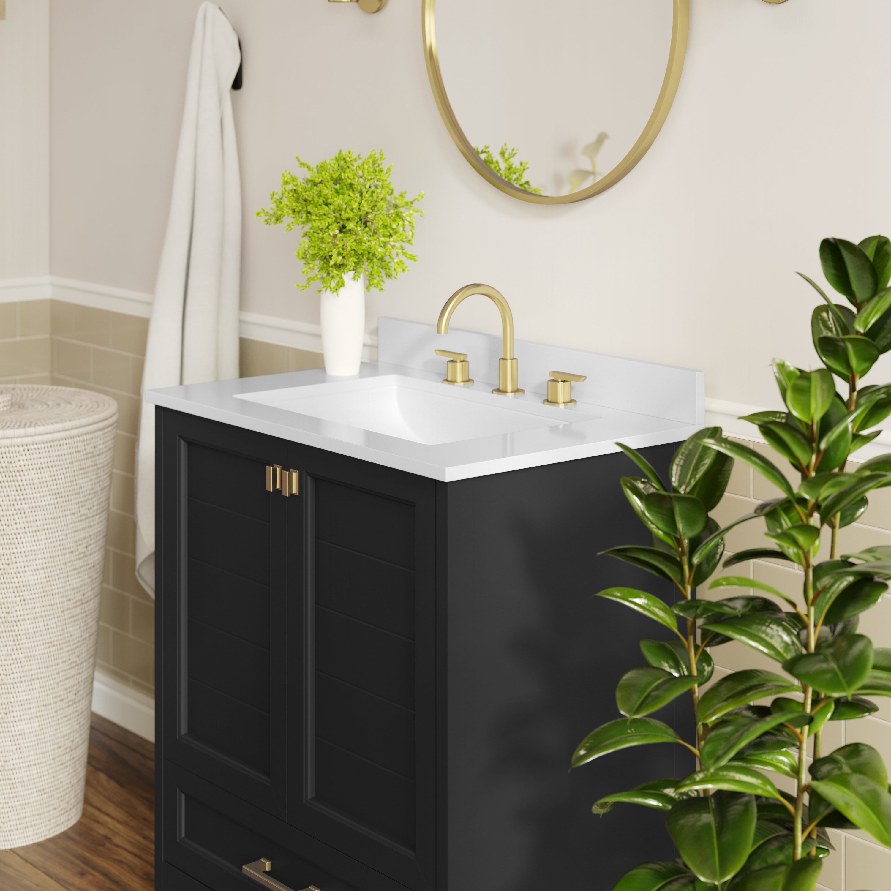 Haven 30" Bathroom Vanity with Sink, Storage Cabinet with Gold Hardware, Soft Close Doors and Bottom Drawer, Carrara Marble Finish Countertop, Black