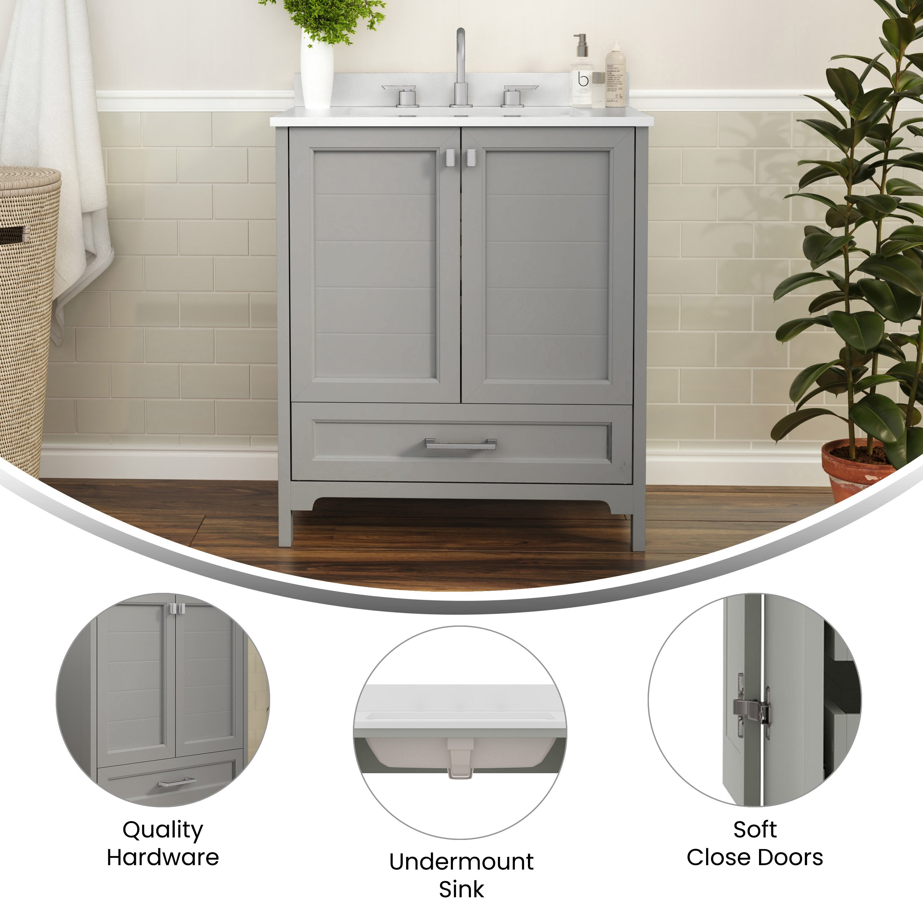 Haven 30 Inch Bathroom Vanity with Sink, Storage Cabinet with Soft Close Doors and Bottom Drawer, Carrara Marble Finish Countertop, Gray