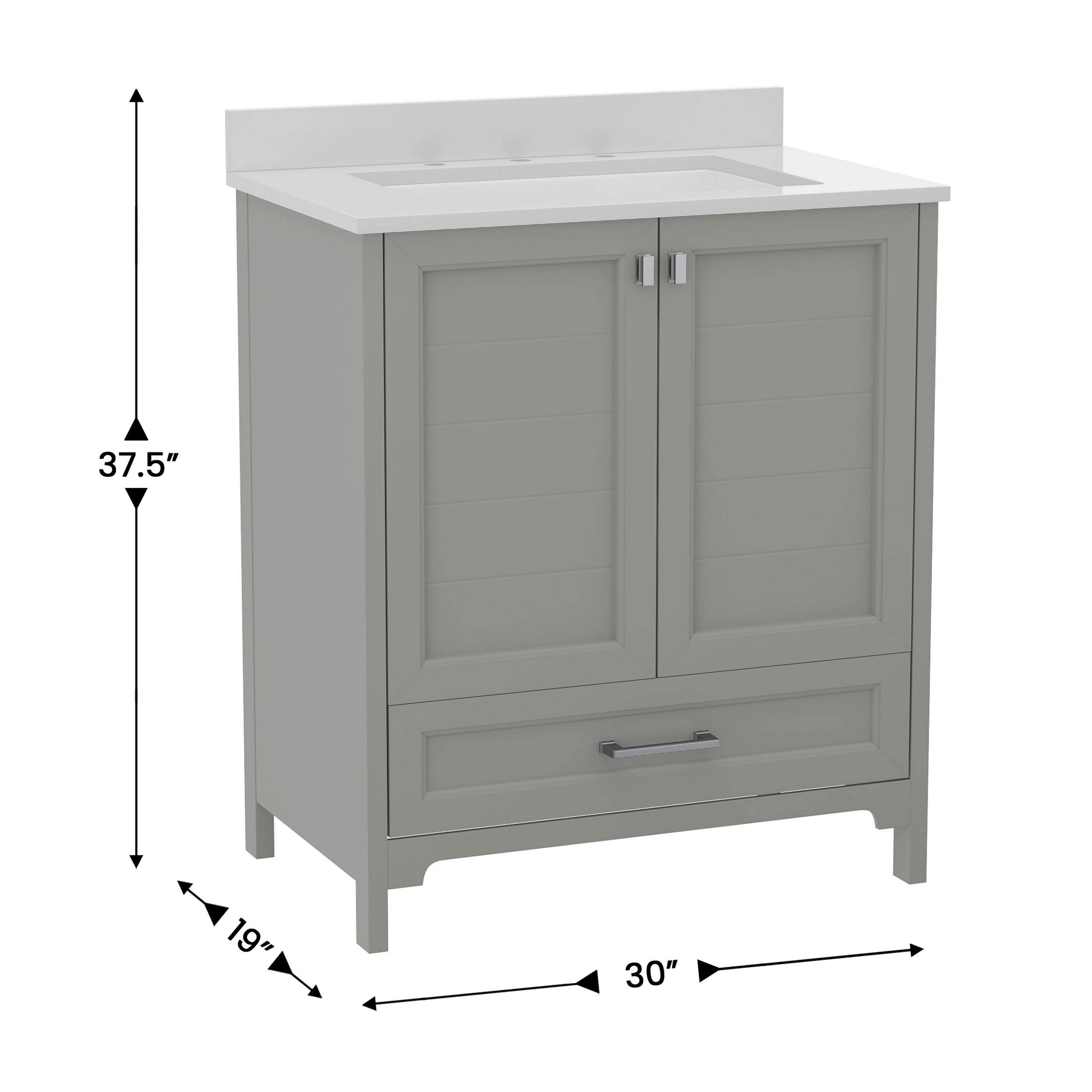Haven 30 Inch Bathroom Vanity with Sink, Storage Cabinet with Soft Close Doors and Bottom Drawer, Carrara Marble Finish Countertop, Gray
