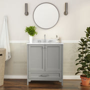 Haven 30 Inch Bathroom Vanity with Sink, Storage Cabinet with Soft Close Doors and Bottom Drawer, Carrara Marble Finish Countertop, Gray