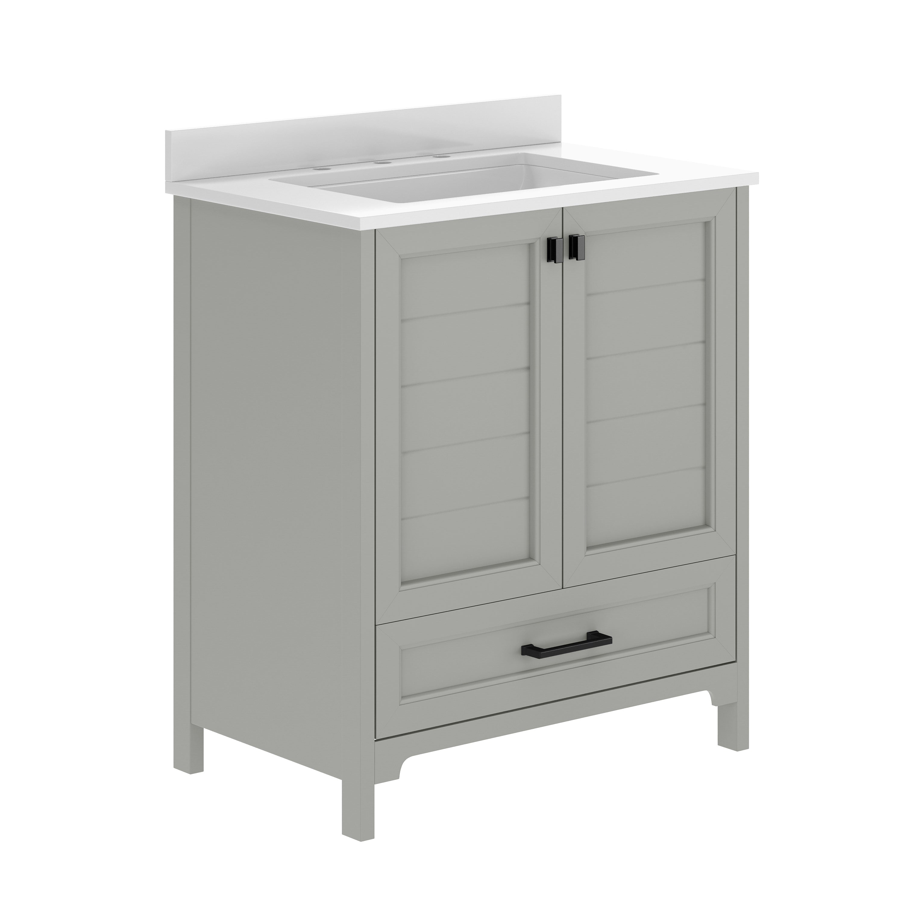Haven 30" Bathroom Vanity with Sink, Storage Cabinet with Black Hardware, Soft Close Doors and Bottom Drawer, Carrara Marble Finish Countertop, Gray
