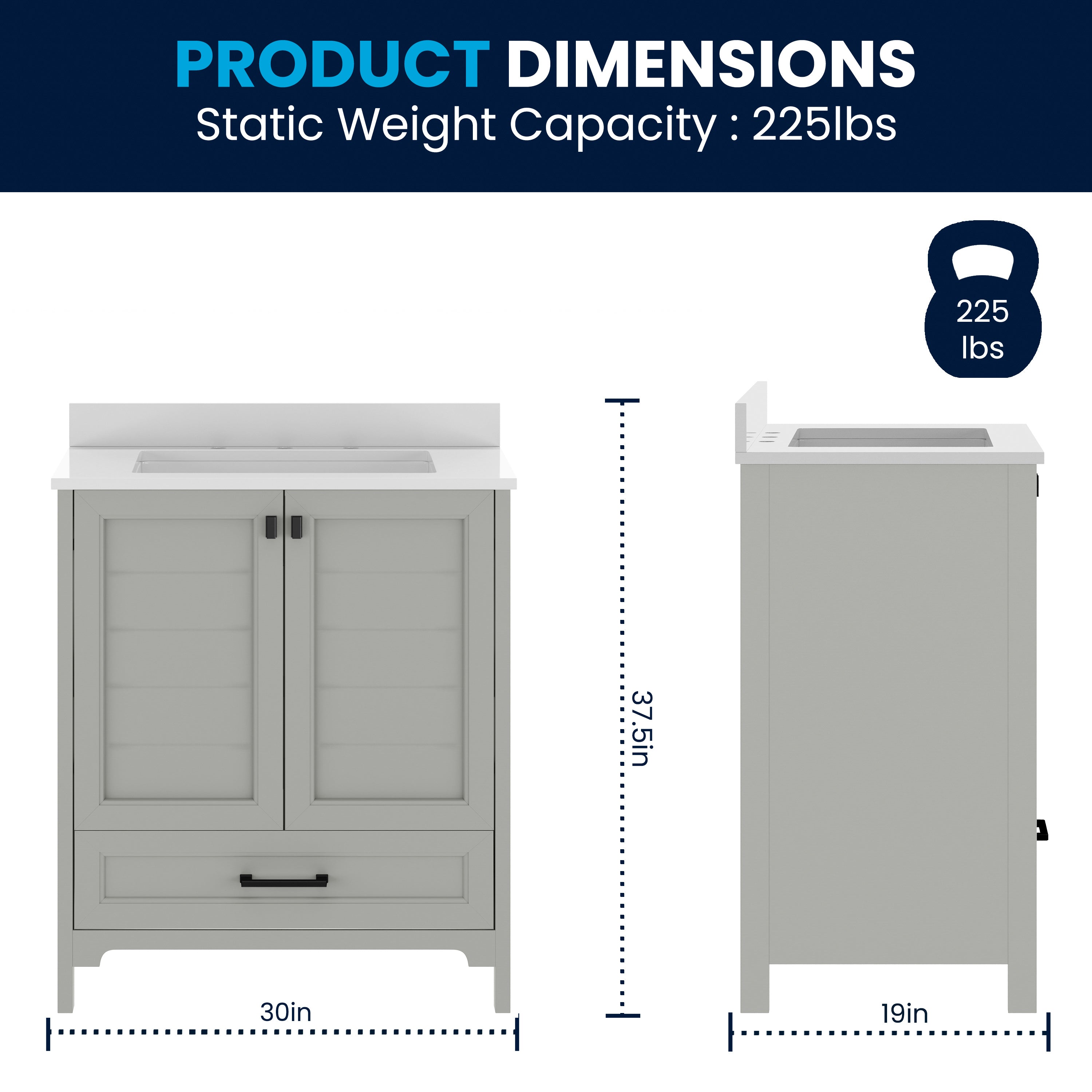 Haven 30" Bathroom Vanity with Sink, Storage Cabinet with Black Hardware, Soft Close Doors and Bottom Drawer, Carrara Marble Finish Countertop, Gray
