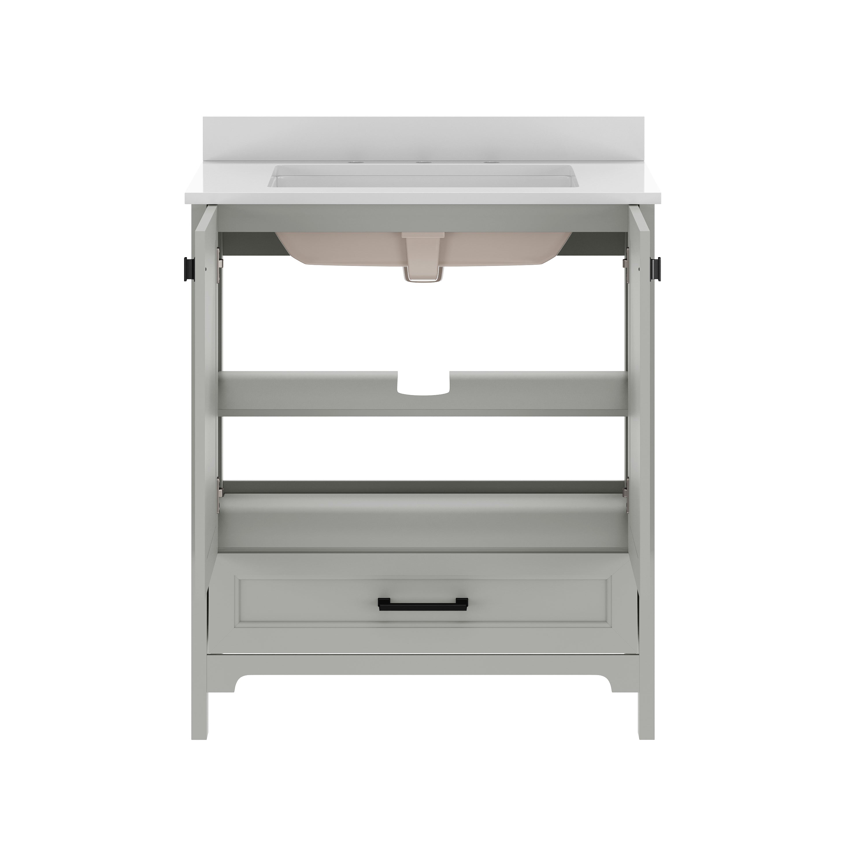 Haven 30" Bathroom Vanity with Sink, Storage Cabinet with Black Hardware, Soft Close Doors and Bottom Drawer, Carrara Marble Finish Countertop, Gray
