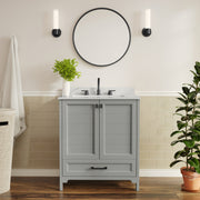 Haven 30" Bathroom Vanity with Sink, Storage Cabinet with Black Hardware, Soft Close Doors and Bottom Drawer, Carrara Marble Finish Countertop, Gray