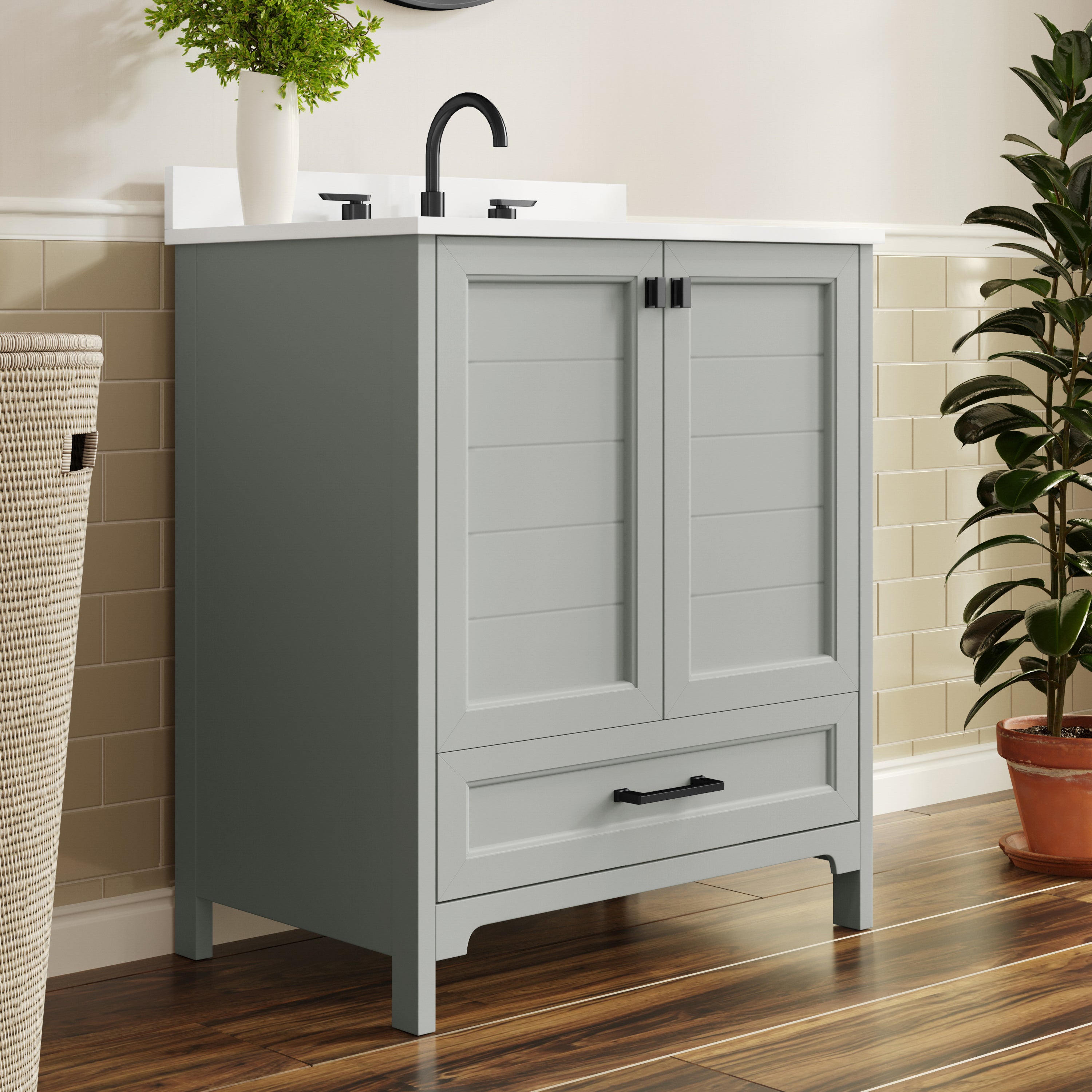 Haven 30" Bathroom Vanity with Sink, Storage Cabinet with Black Hardware, Soft Close Doors and Bottom Drawer, Carrara Marble Finish Countertop, Gray