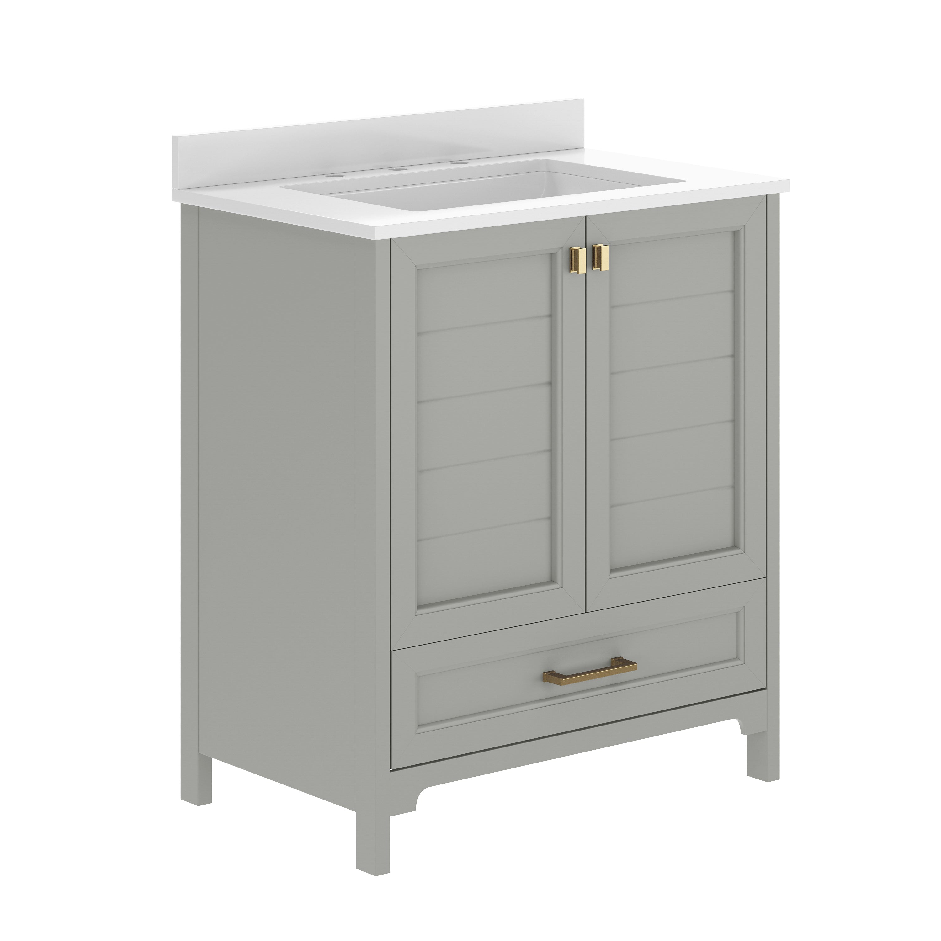Haven 30" Bathroom Vanity with Sink, Storage Cabinet with Gold Hardware, Soft Close Doors and Bottom Drawer, Carrara Marble Finish Countertop, Gray
