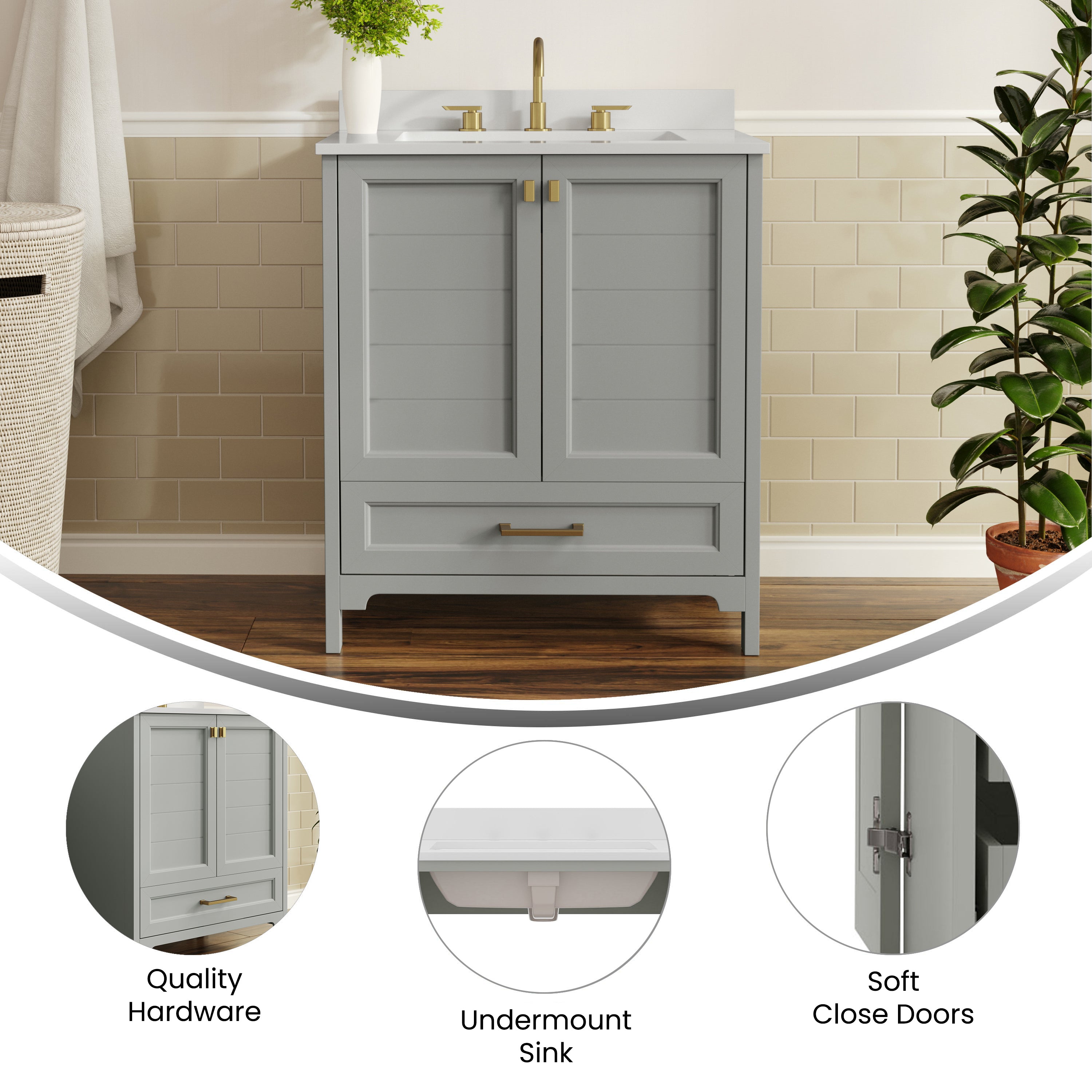 Haven 30" Bathroom Vanity with Sink, Storage Cabinet with Gold Hardware, Soft Close Doors and Bottom Drawer, Carrara Marble Finish Countertop, Gray