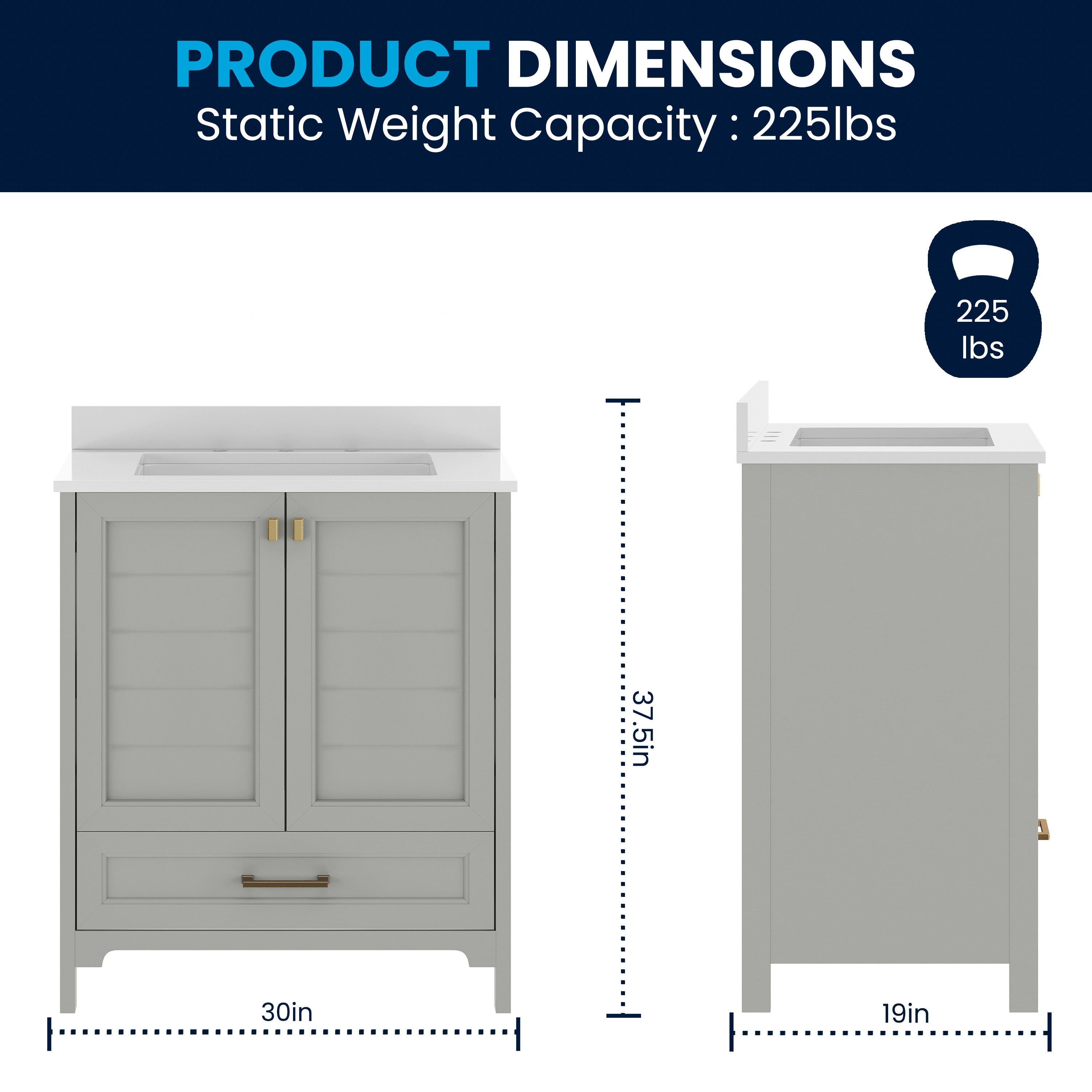 Haven 30" Bathroom Vanity with Sink, Storage Cabinet with Gold Hardware, Soft Close Doors and Bottom Drawer, Carrara Marble Finish Countertop, Gray