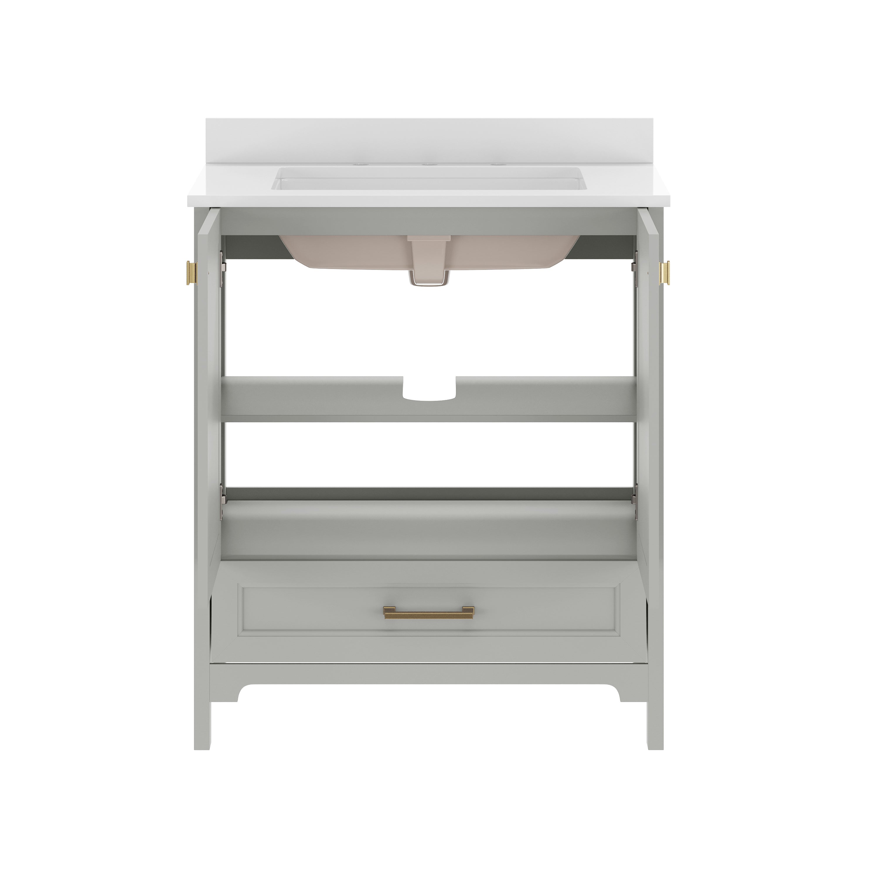 Haven 30" Bathroom Vanity with Sink, Storage Cabinet with Gold Hardware, Soft Close Doors and Bottom Drawer, Carrara Marble Finish Countertop, Gray