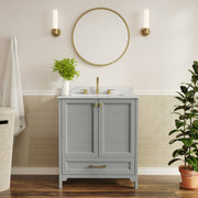 Haven 30" Bathroom Vanity with Sink, Storage Cabinet with Gold Hardware, Soft Close Doors and Bottom Drawer, Carrara Marble Finish Countertop, Gray