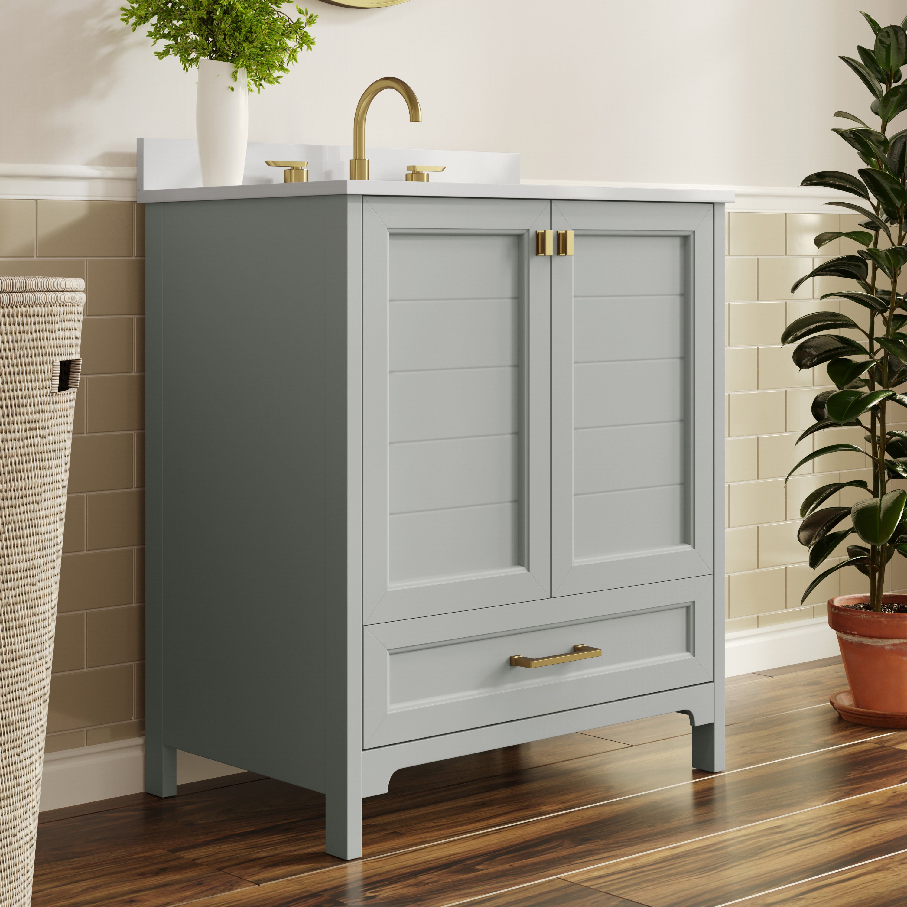 Haven 30" Bathroom Vanity with Sink, Storage Cabinet with Gold Hardware, Soft Close Doors and Bottom Drawer, Carrara Marble Finish Countertop, Gray