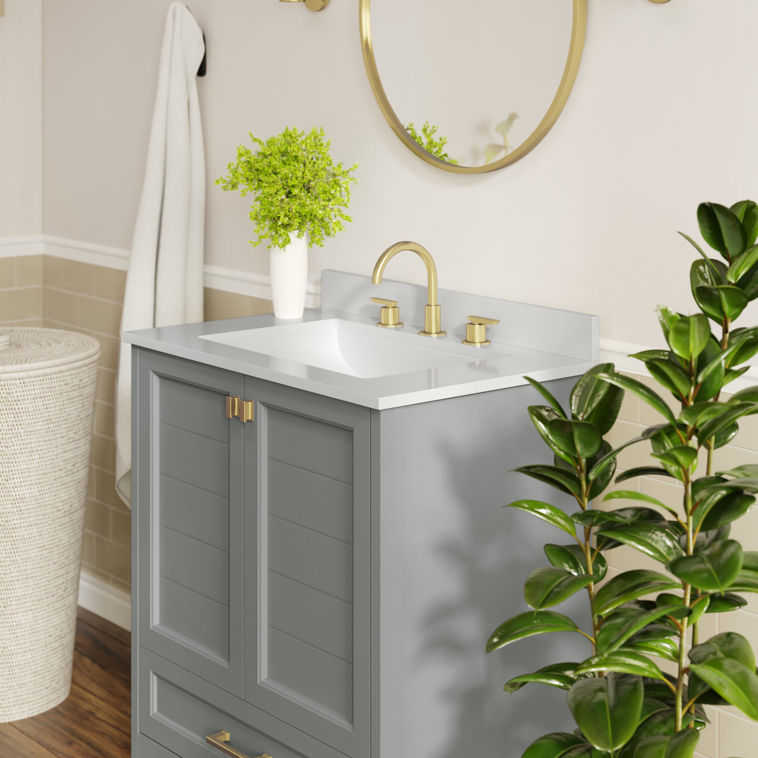 Haven 30" Bathroom Vanity with Sink, Storage Cabinet with Gold Hardware, Soft Close Doors and Bottom Drawer, Carrara Marble Finish Countertop, Gray