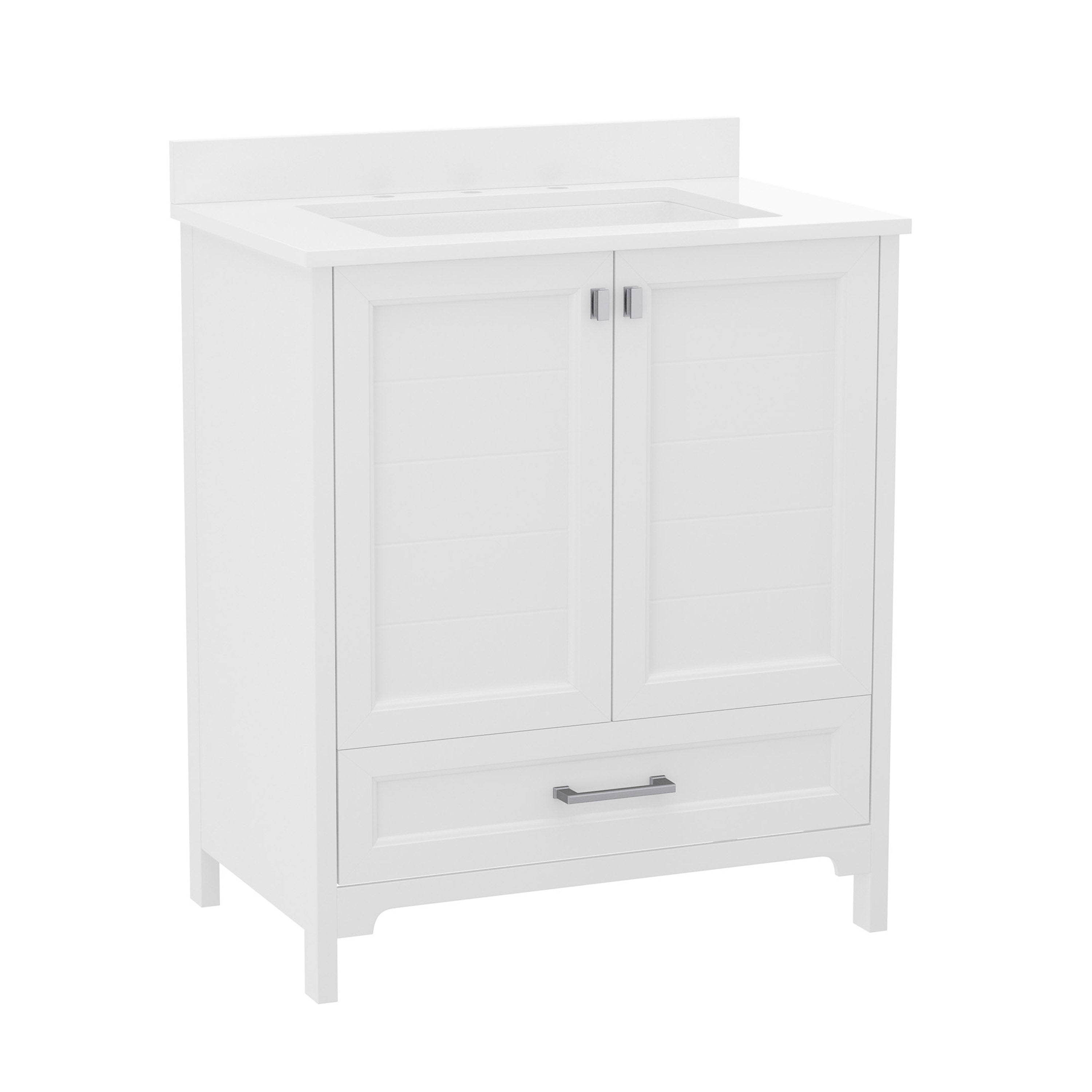Haven 30 Inch Bathroom Vanity with Sink, Storage Cabinet with Soft Close Doors and Bottom Drawer, Carrara Marble Finish Countertop, White